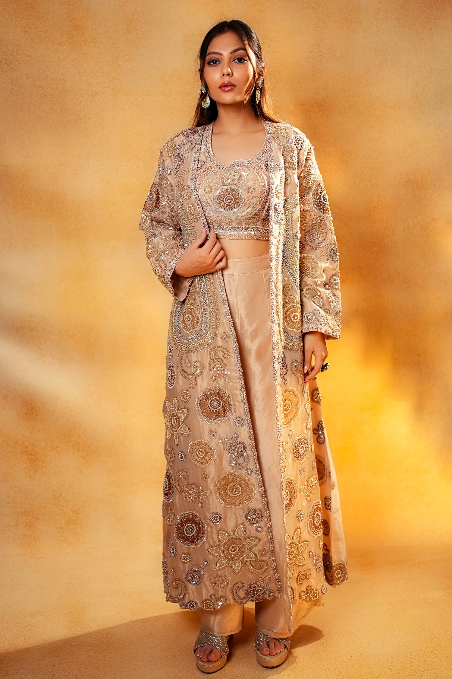 Champagne Beige Sequinned and Beaded Crop Top Palazzo Set with Long Jacket - Image 3