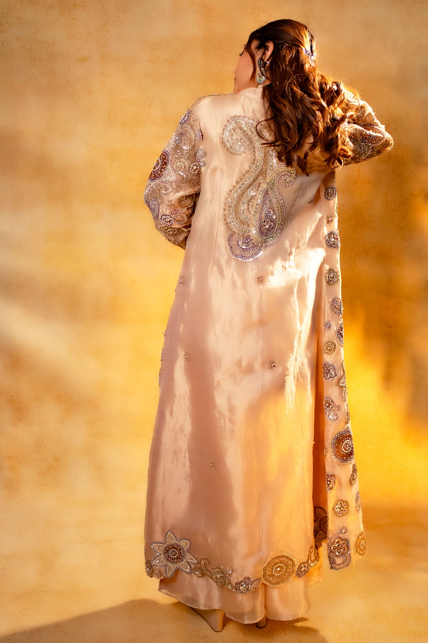 Champagne Beige Sequinned and Beaded Crop Top Palazzo Set with Long Jacket - Image 5