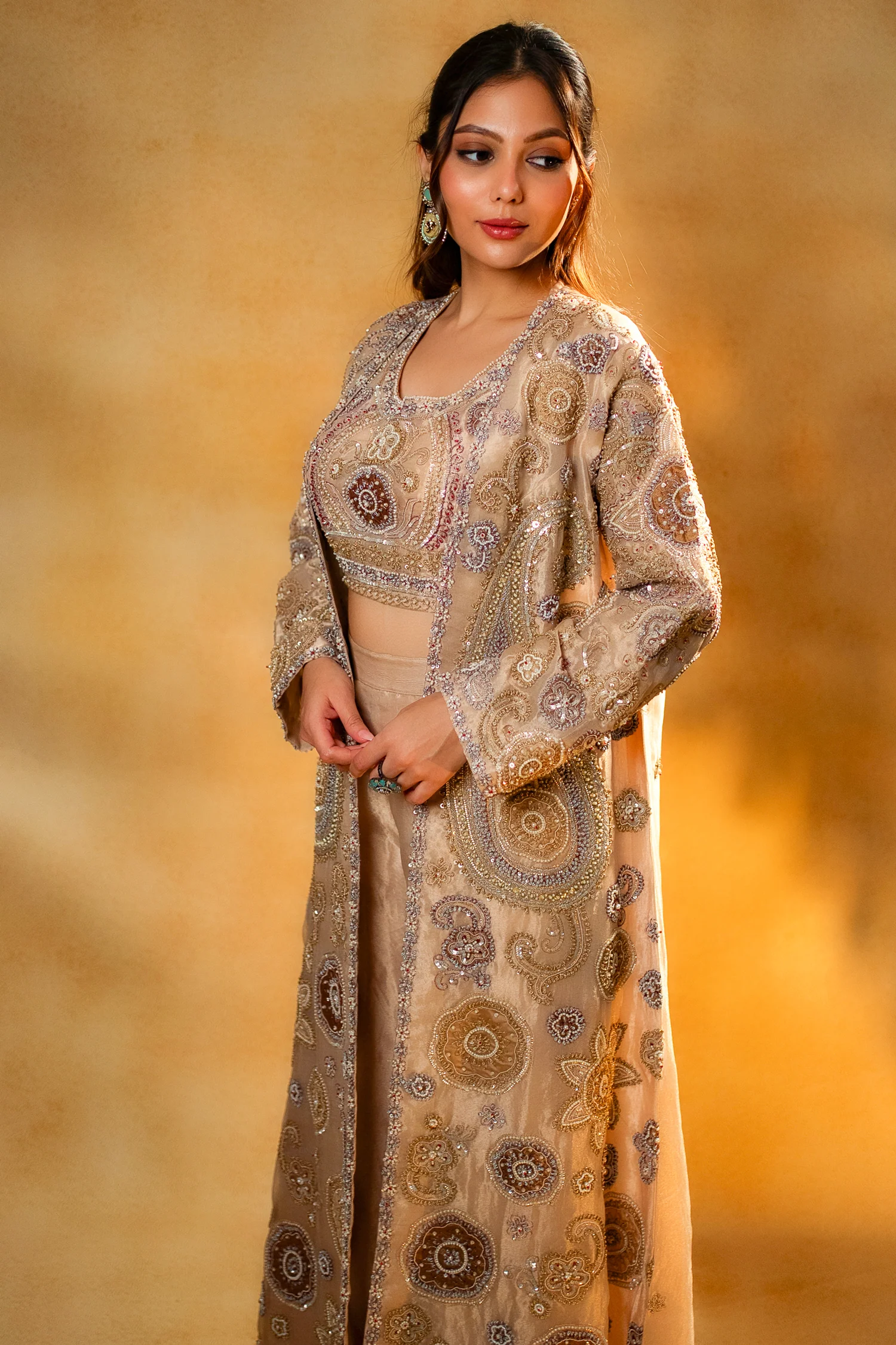Champagne Beige Sequinned and Beaded Crop Top Palazzo Set with Long Jacket - Image 6