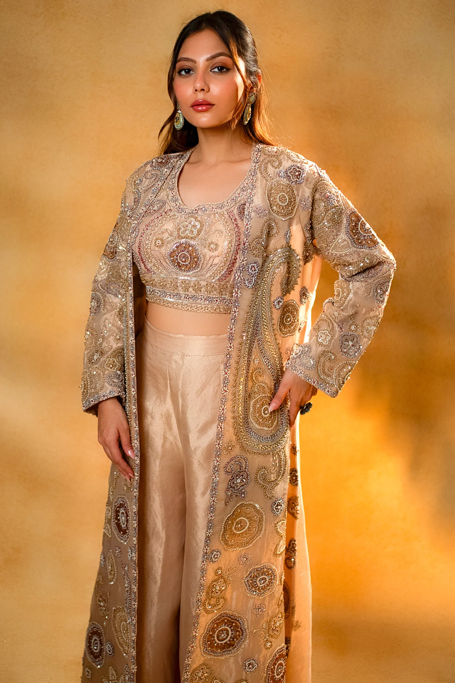 Champagne Beige Sequinned and Beaded Crop Top Palazzo Set with Long Jacket - Image 8