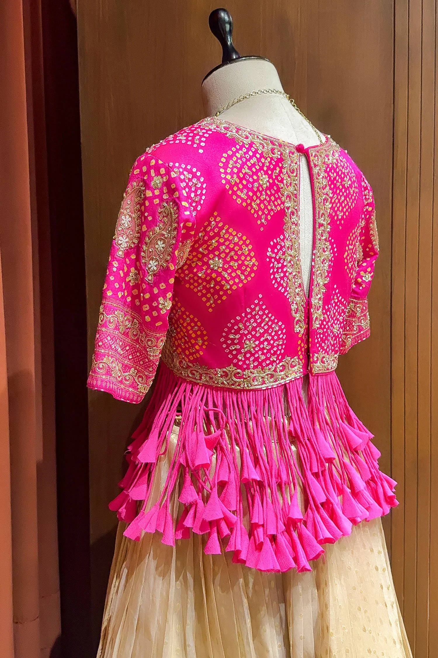 Champagne Beige Tissue Lehenga with Dramatic Tasselled Bandhej Crop Top Set - Image 6