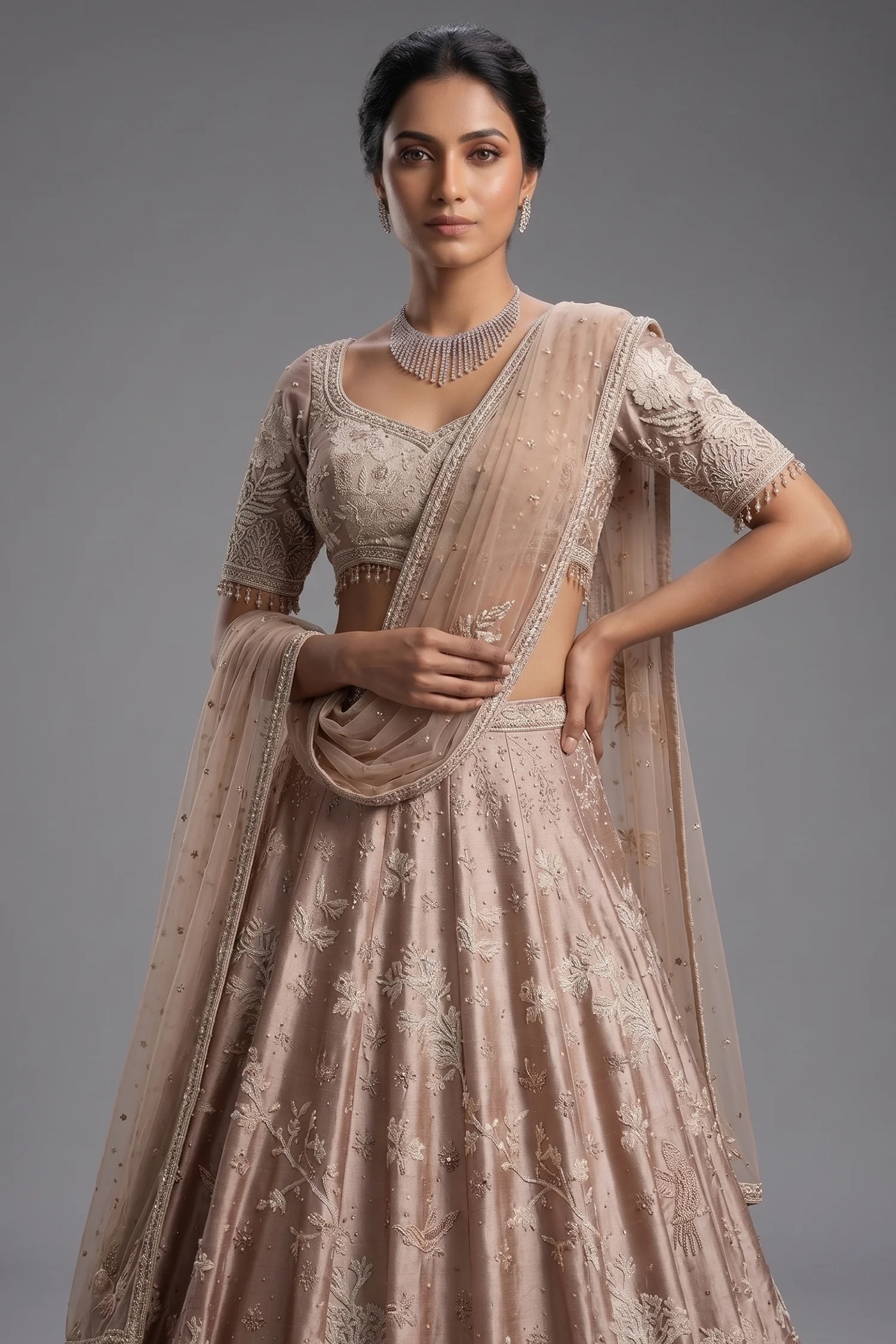 Champagne Brown Silk Couture Lehenga with Architectural Border & Intricate Dori-Mirror Fusion - Image 2