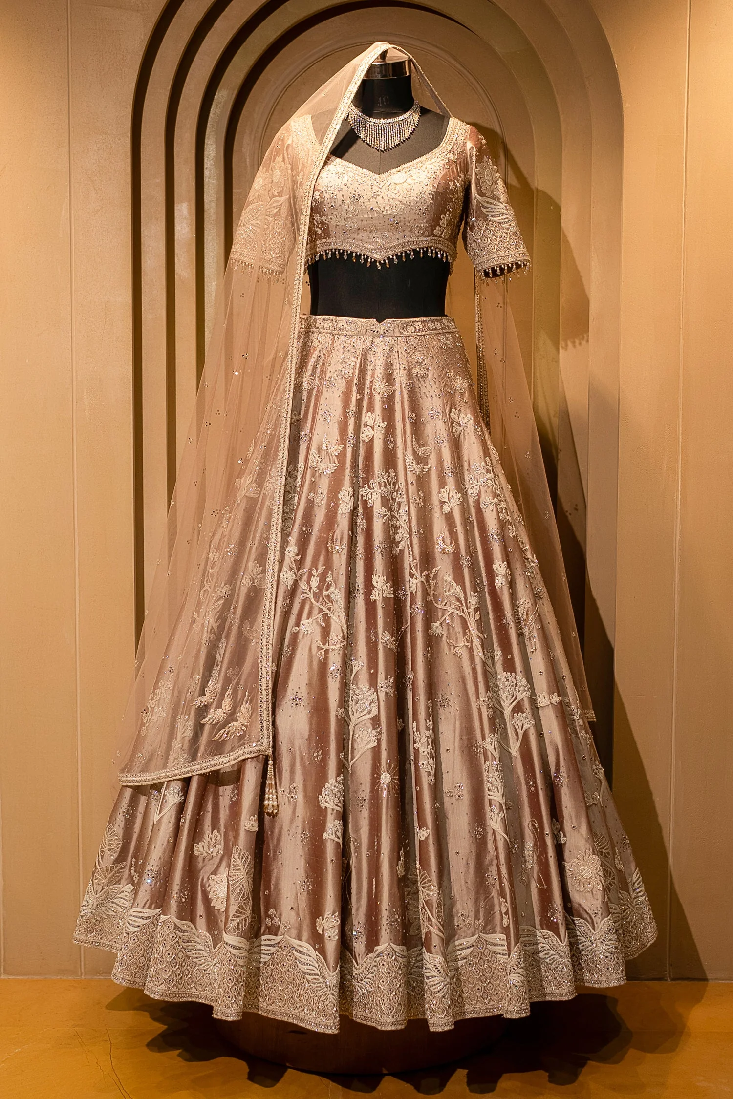 Champagne Brown Silk Couture Lehenga with Architectural Border & Intricate Dori-Mirror Fusion - Image 3
