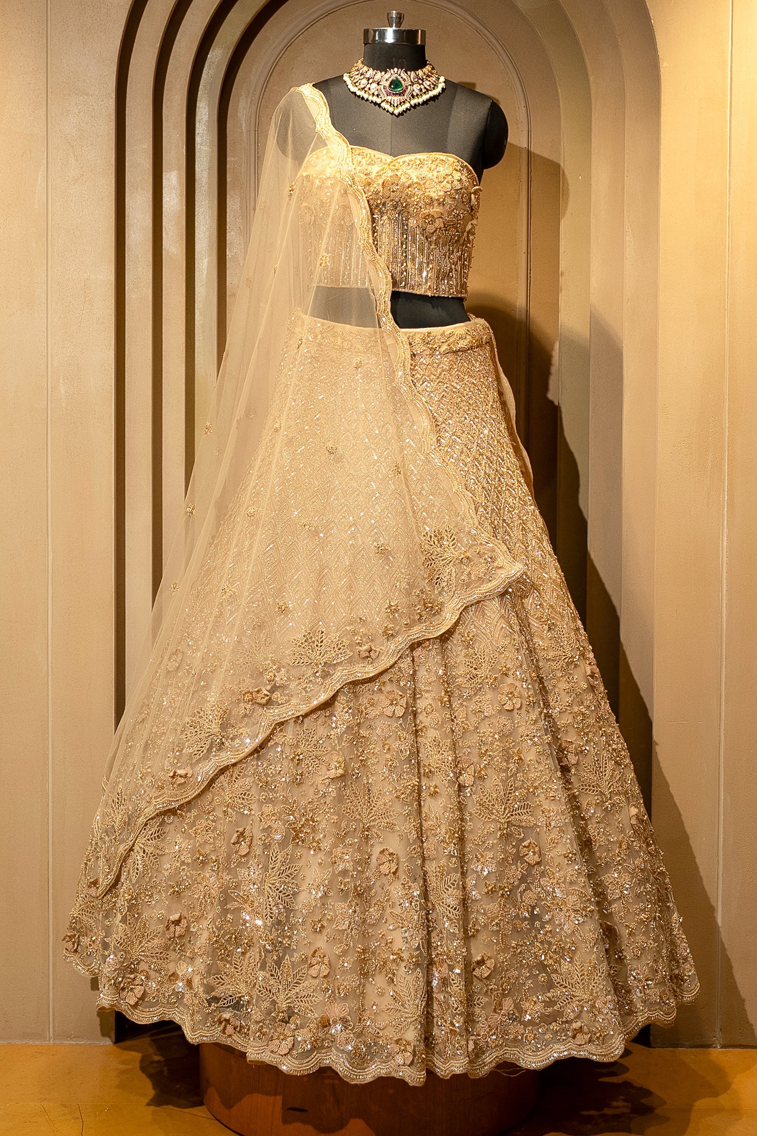 Champagne Gold Net Corset Lehenga with 3D Floral Appliqués and Architectural Cutwork - Image 3