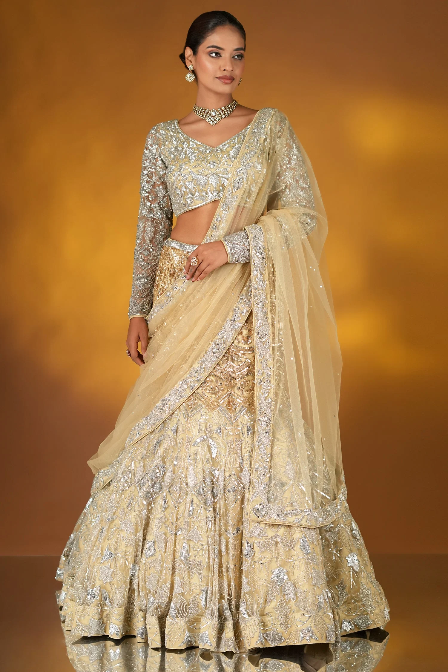 Champagne Gold Net Designer Sequinned and Cutdana Worked Mermaid Style Lehenga Set