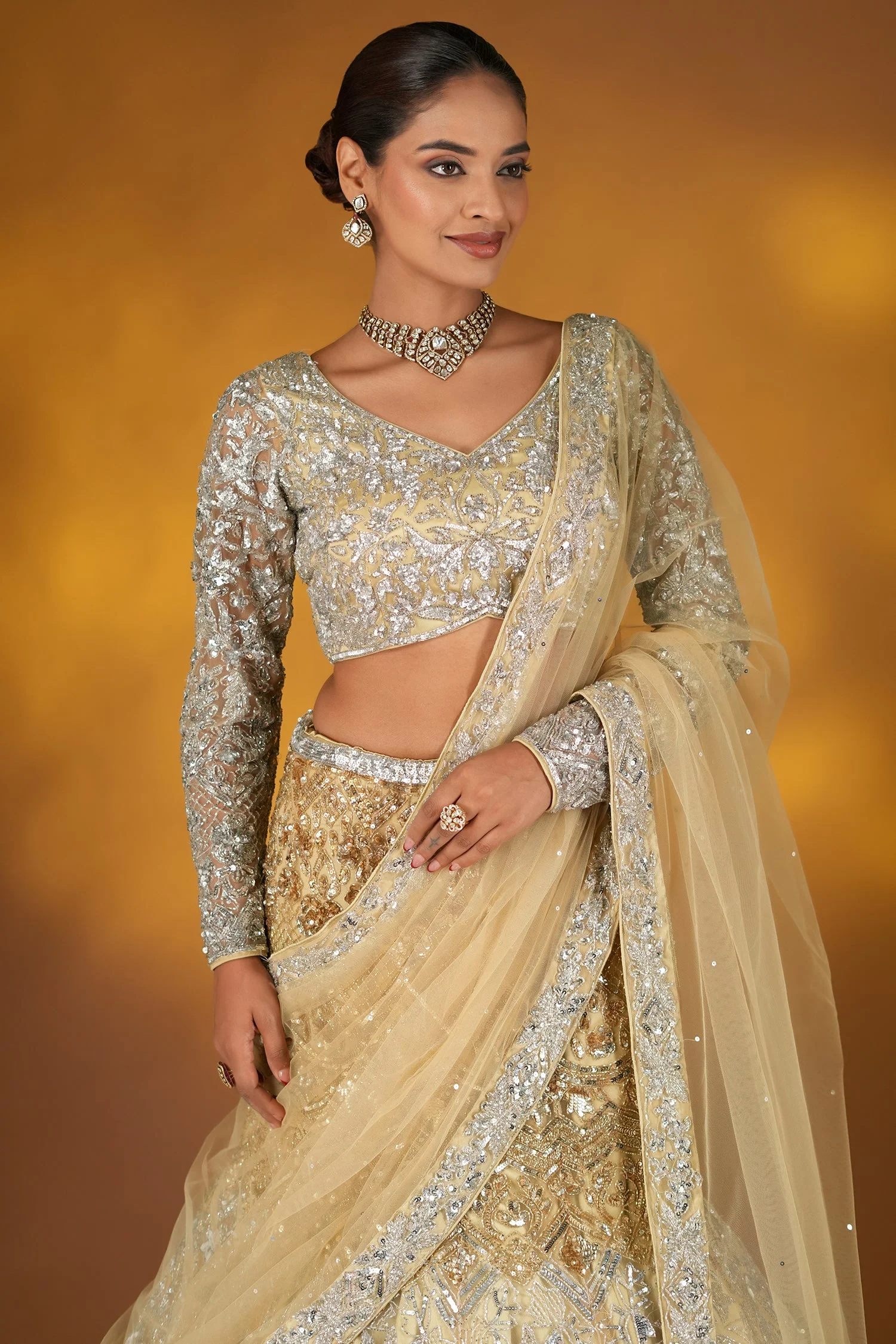 Champagne Gold Net Designer Sequinned and Cutdana Worked Mermaid Style Lehenga Set - Image 2