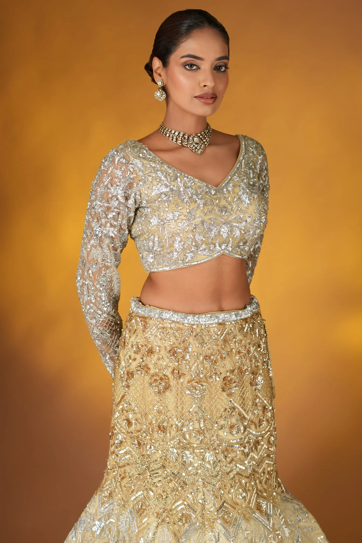 Champagne Gold Net Designer Sequinned and Cutdana Worked Mermaid Style Lehenga Set - Image 3