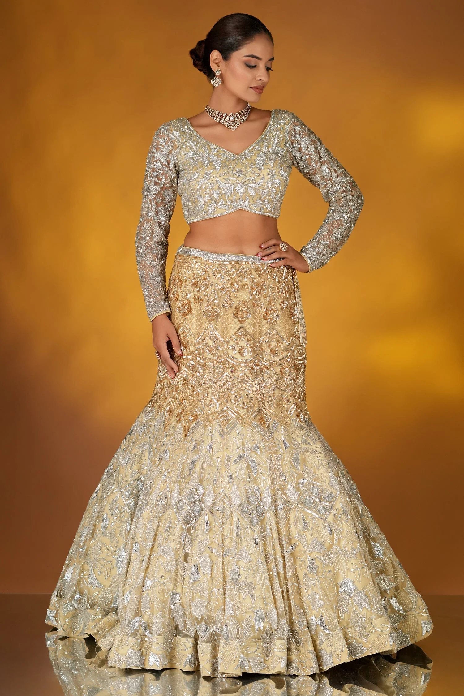 Champagne Gold Net Designer Sequinned and Cutdana Worked Mermaid Style Lehenga Set - Image 4