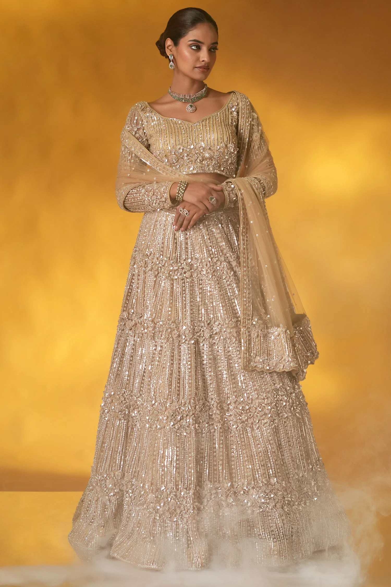 Champagne Gold Net Designer Sequinned and Dimoand Worked Lehenga Set - Image 2