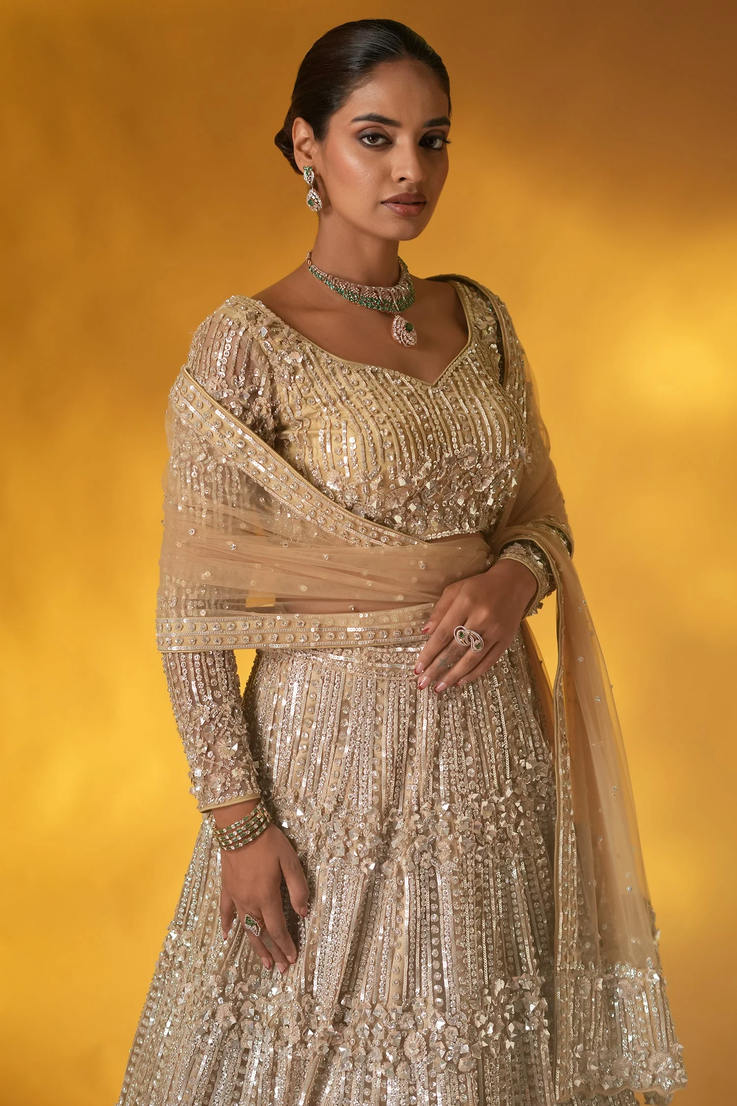 Champagne Gold Net Designer Sequinned and Dimoand Worked Lehenga Set - Image 3
