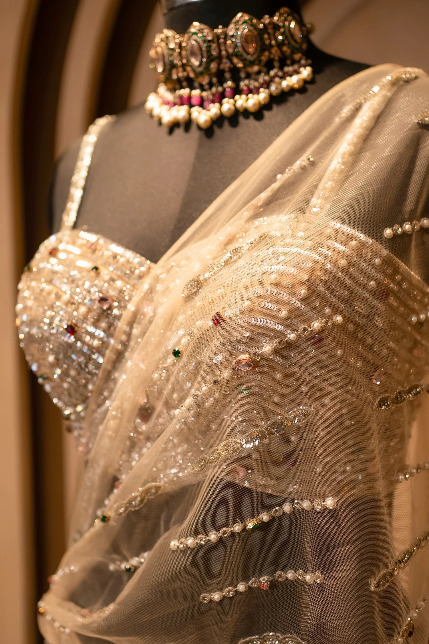 Champagne Gold Net Mermaid Lehenga with Attached Cape-Style Dupatta & Intricate Cutdana Work - Image 5