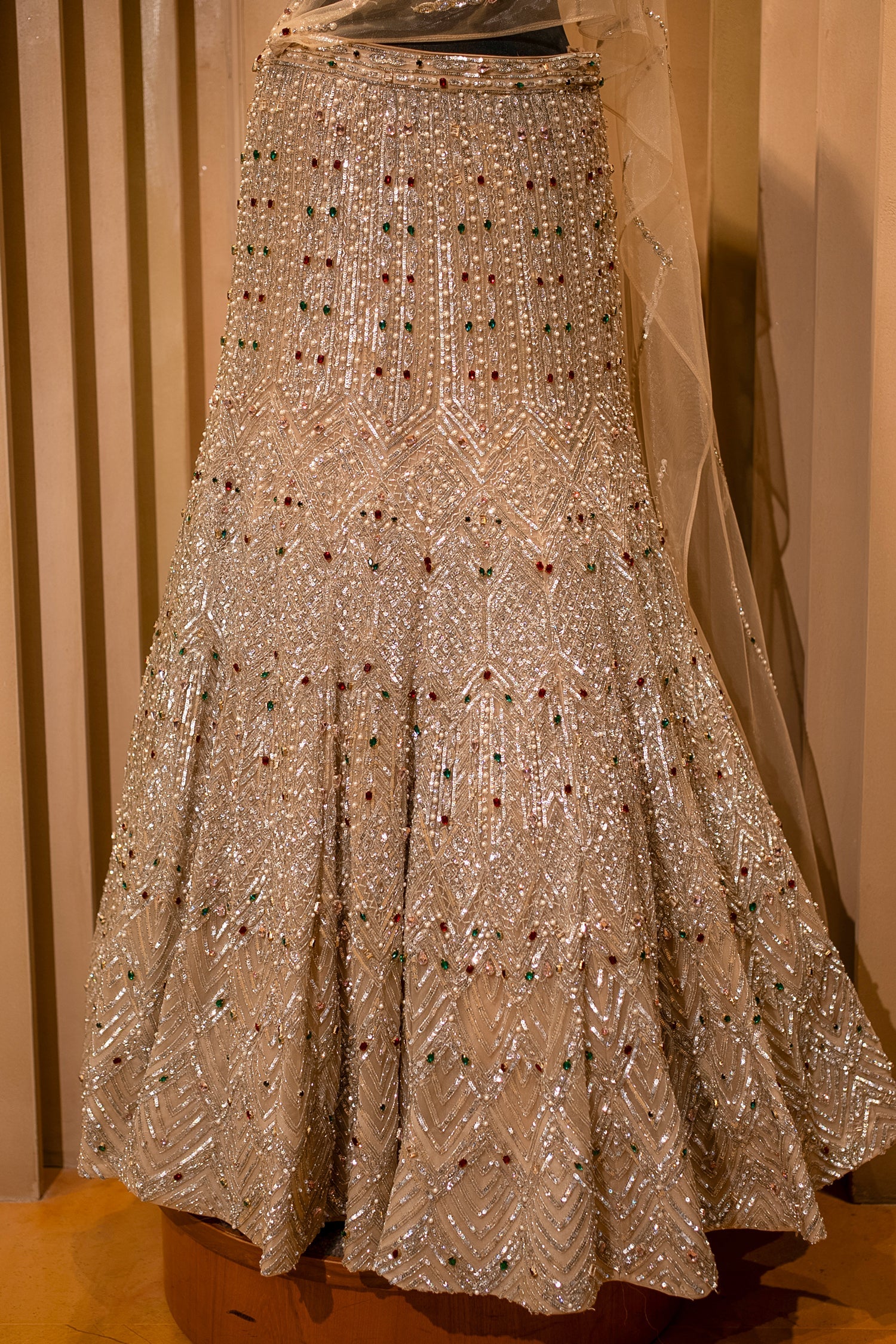 Champagne Gold Net Mermaid Lehenga with Attached Cape-Style Dupatta & Intricate Cutdana Work - Image 6