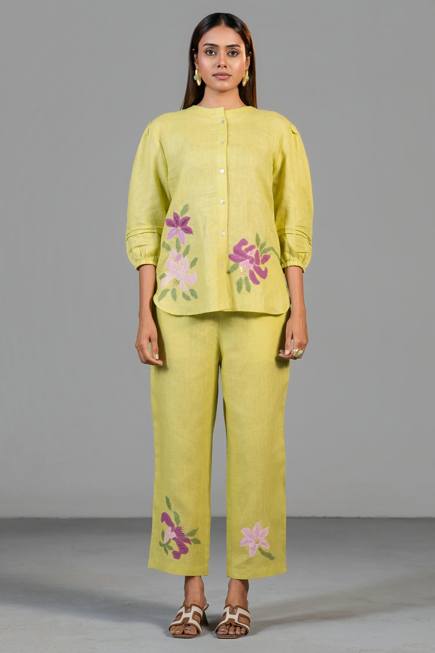 Chartreuse Yellow Cotton Linen  Co-Ord Set with Sequin and Beaded Patch Work