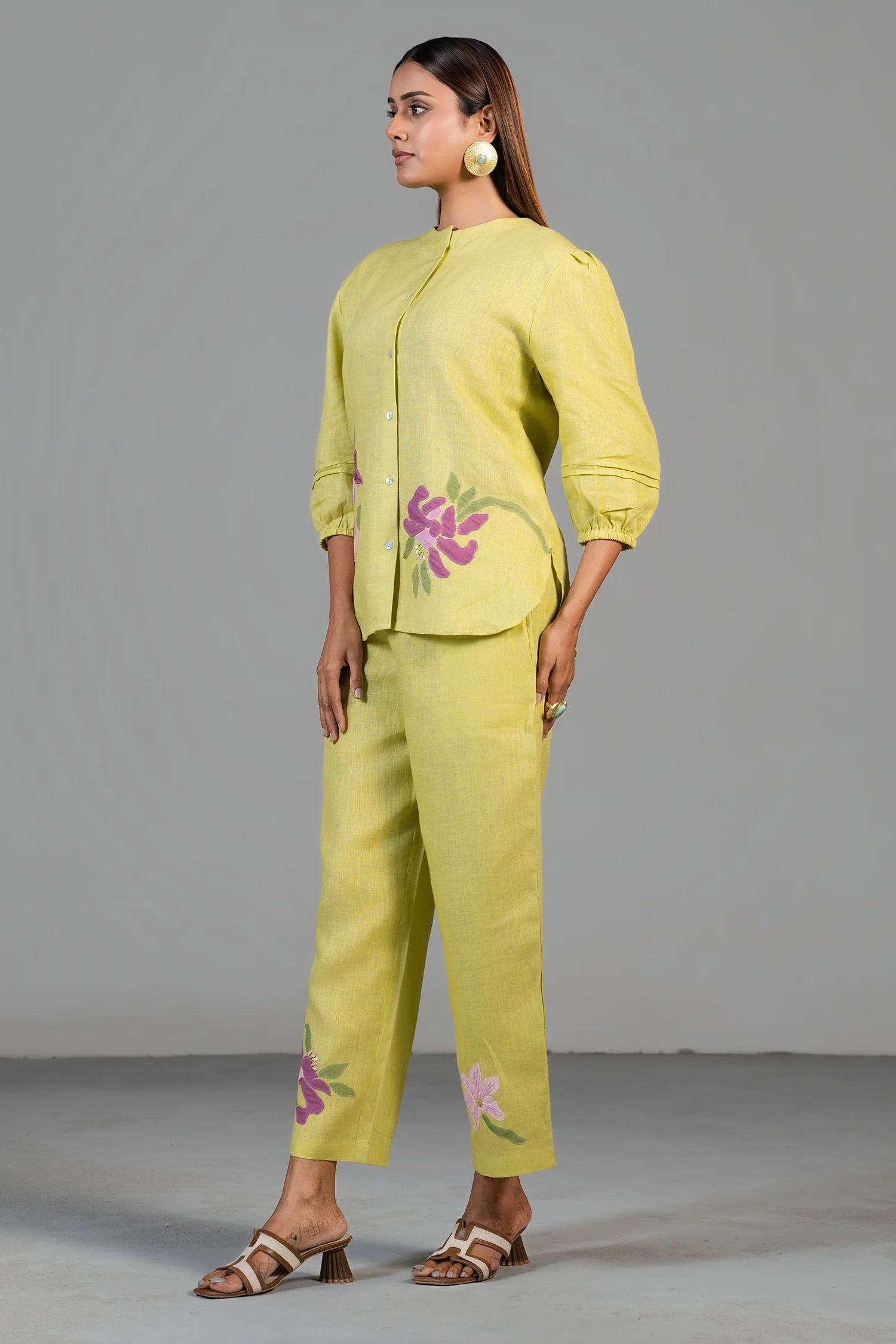 Chartreuse Yellow Cotton Linen  Co-Ord Set with Sequin and Beaded Patch Work - Image 2