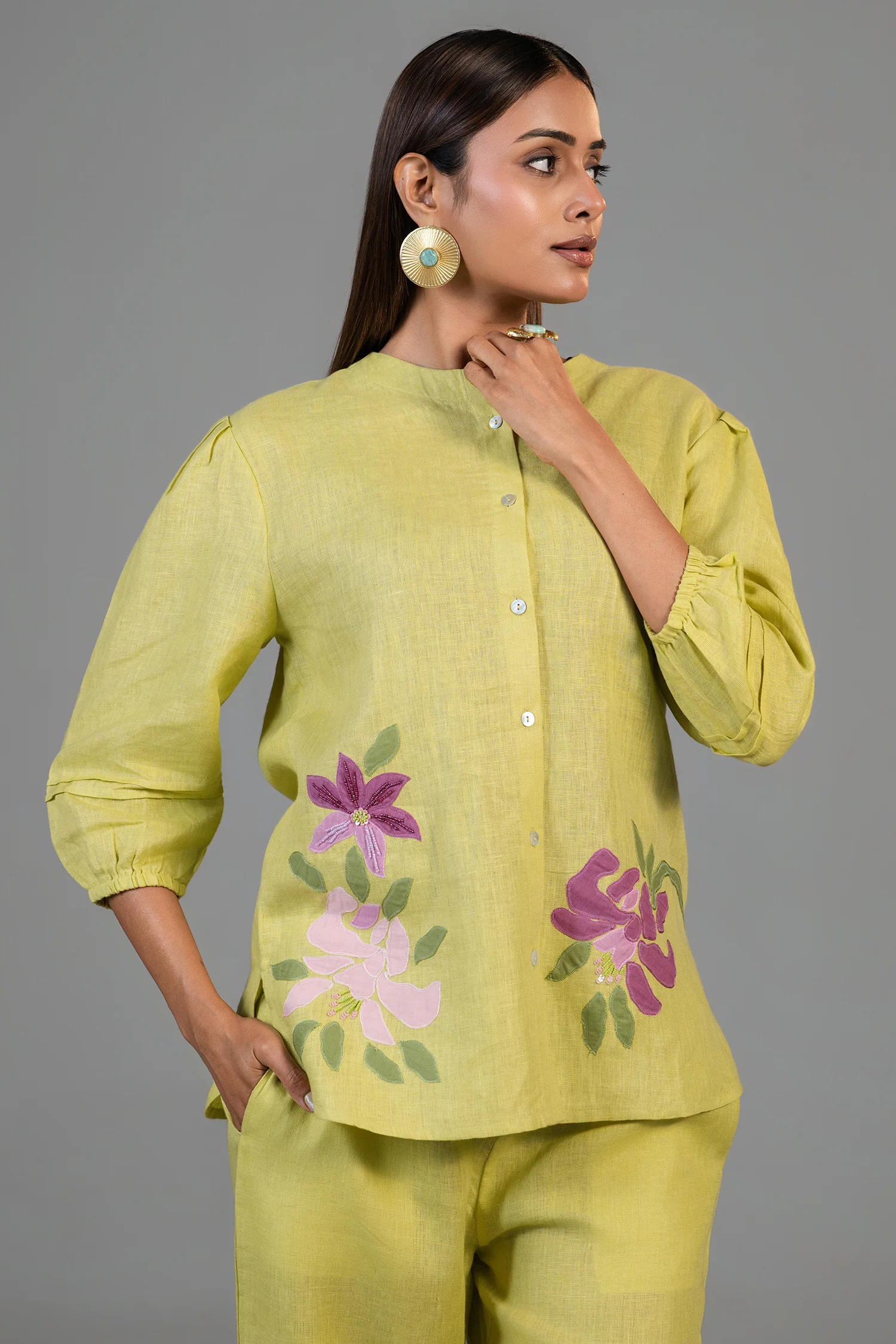 Chartreuse Yellow Cotton Linen  Co-Ord Set with Sequin and Beaded Patch Work - Image 3