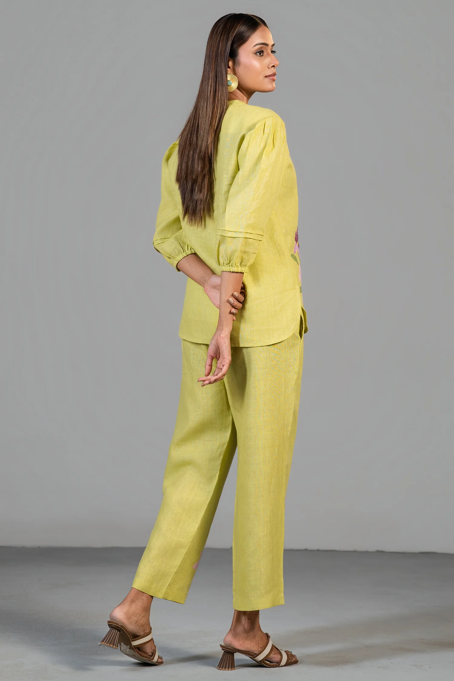 Chartreuse Yellow Cotton Linen  Co-Ord Set with Sequin and Beaded Patch Work - Image 4