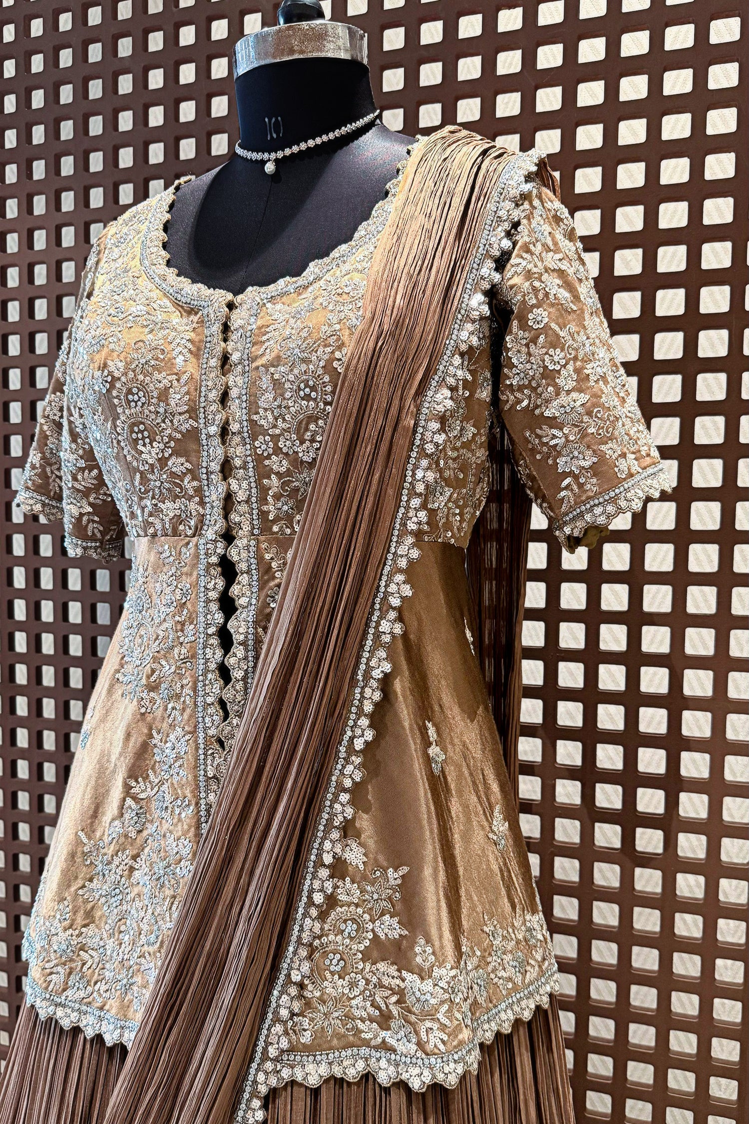 Chocolate Brown Crush Silk Lehenga with Sequin Cutdana Slit Top and Attached Dupatta - Image 5