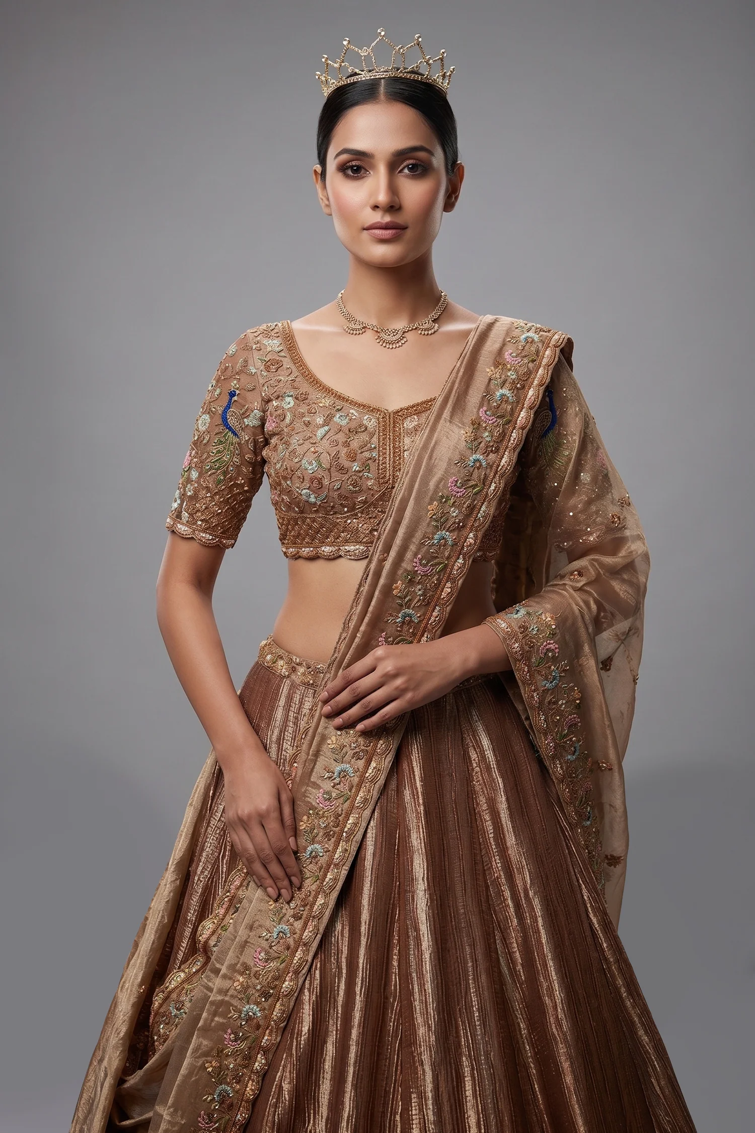 Chocolate Brown Munga Silk Woven Lehenga with Zardosi Beaded Work and Peacock Motif Broad Border - Image 2