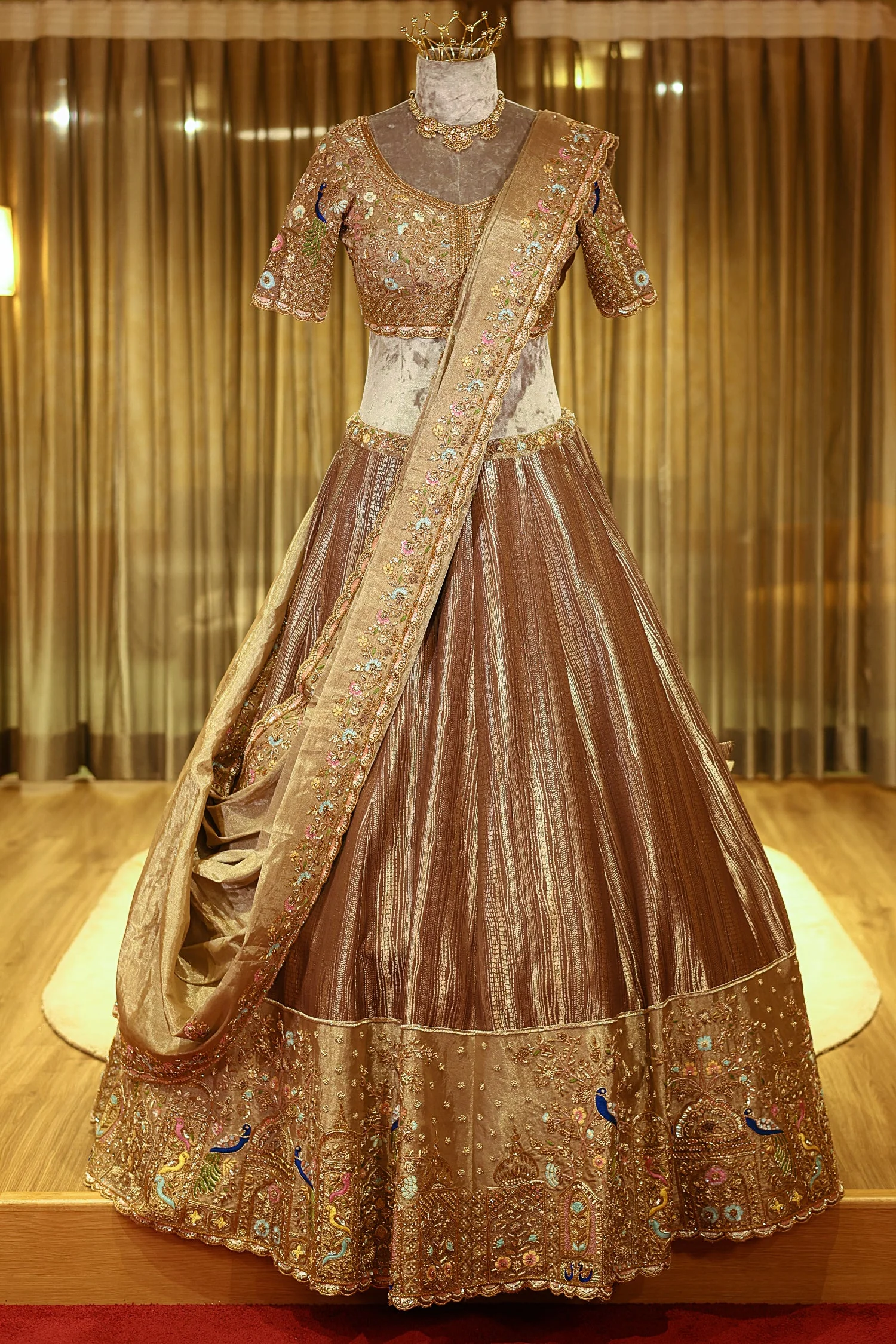 Chocolate Brown Munga Silk Woven Lehenga with Zardosi Beaded Work and Peacock Motif Broad Border - Image 3
