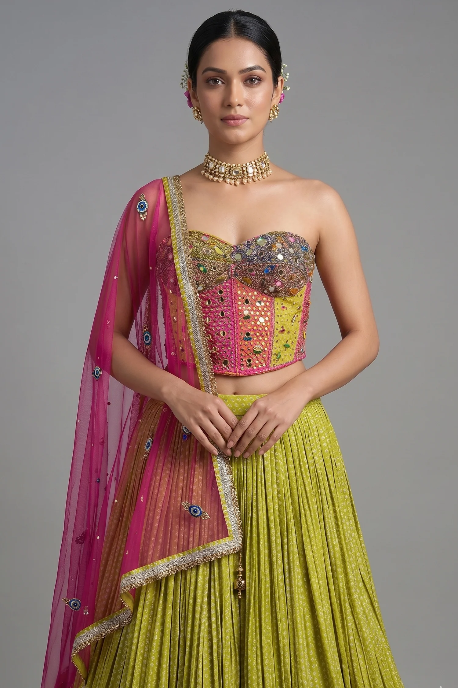 Citrine Yellow Chinon Pleated Corset Lehenga Set - Image 2