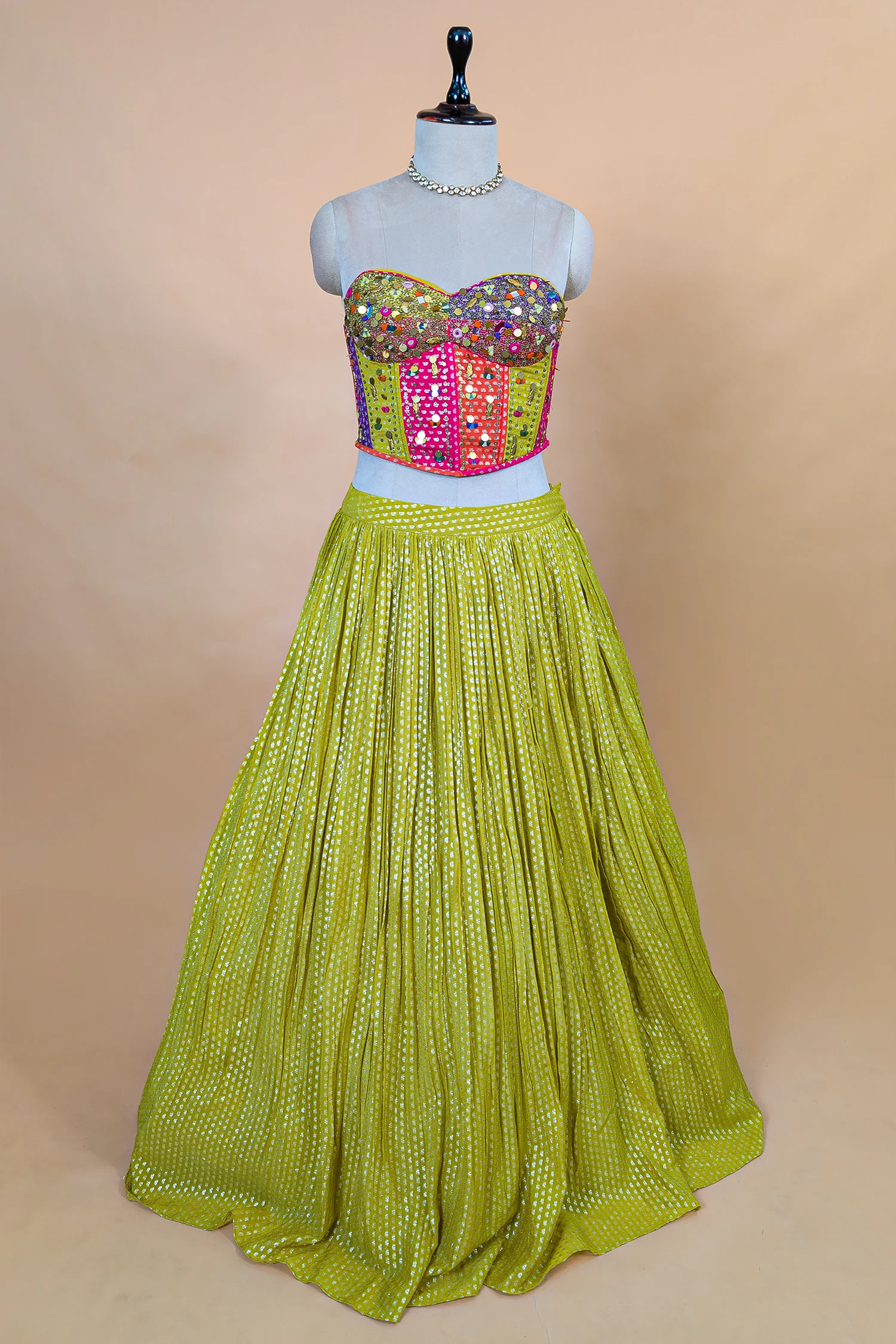 Citrine Yellow Chinon Pleated Corset Lehenga Set - Image 3