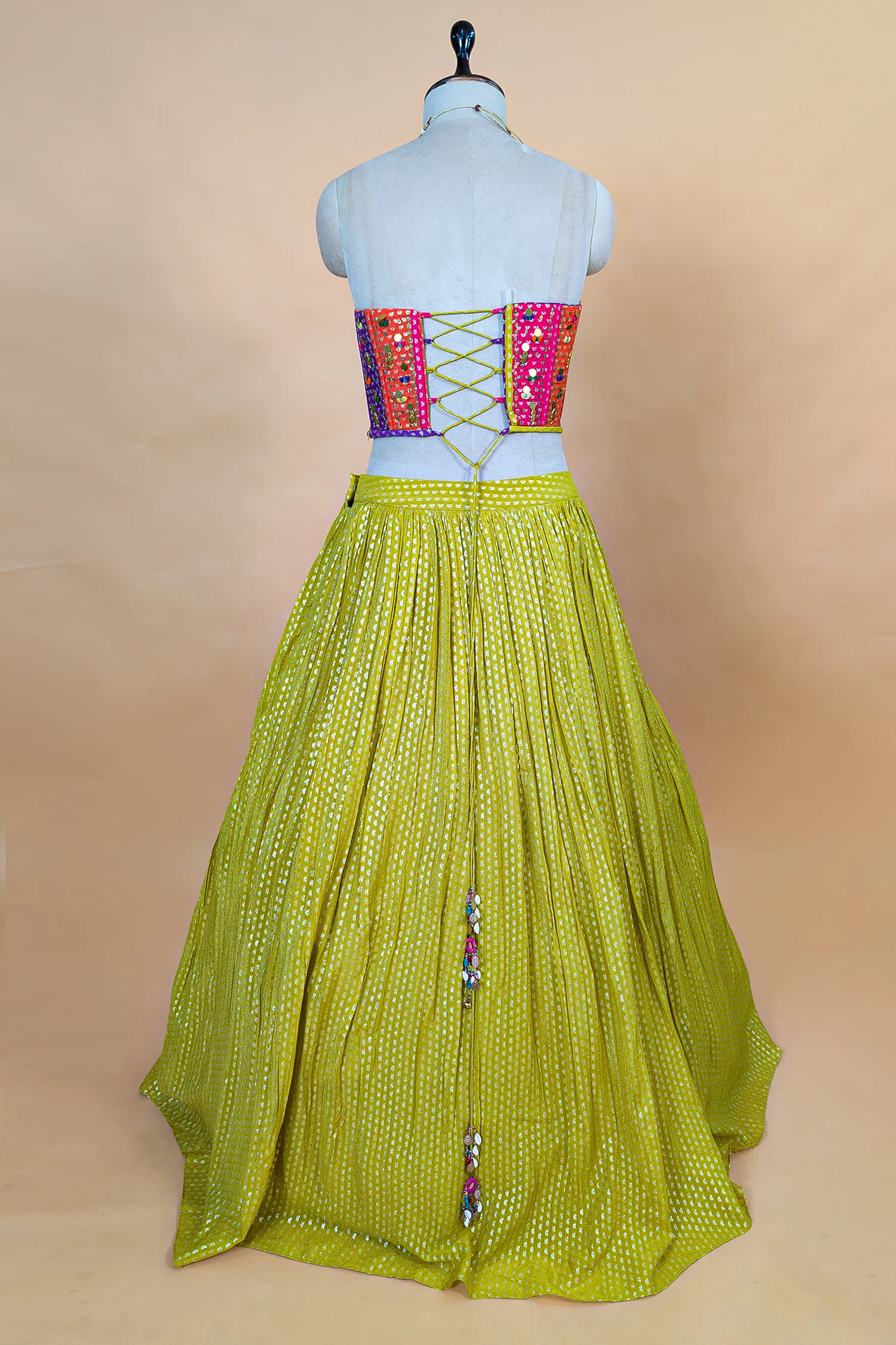 Citrine Yellow Chinon Pleated Corset Lehenga Set - Image 4