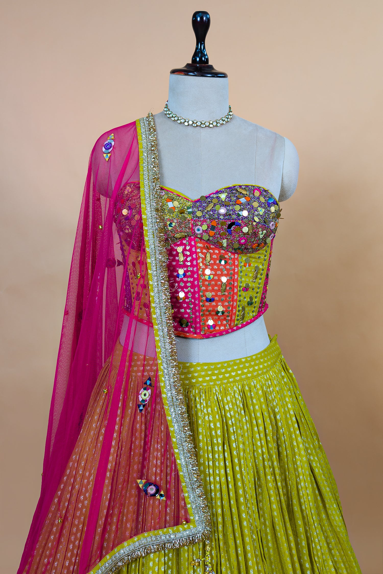 Citrine Yellow Chinon Pleated Corset Lehenga Set - Image 5