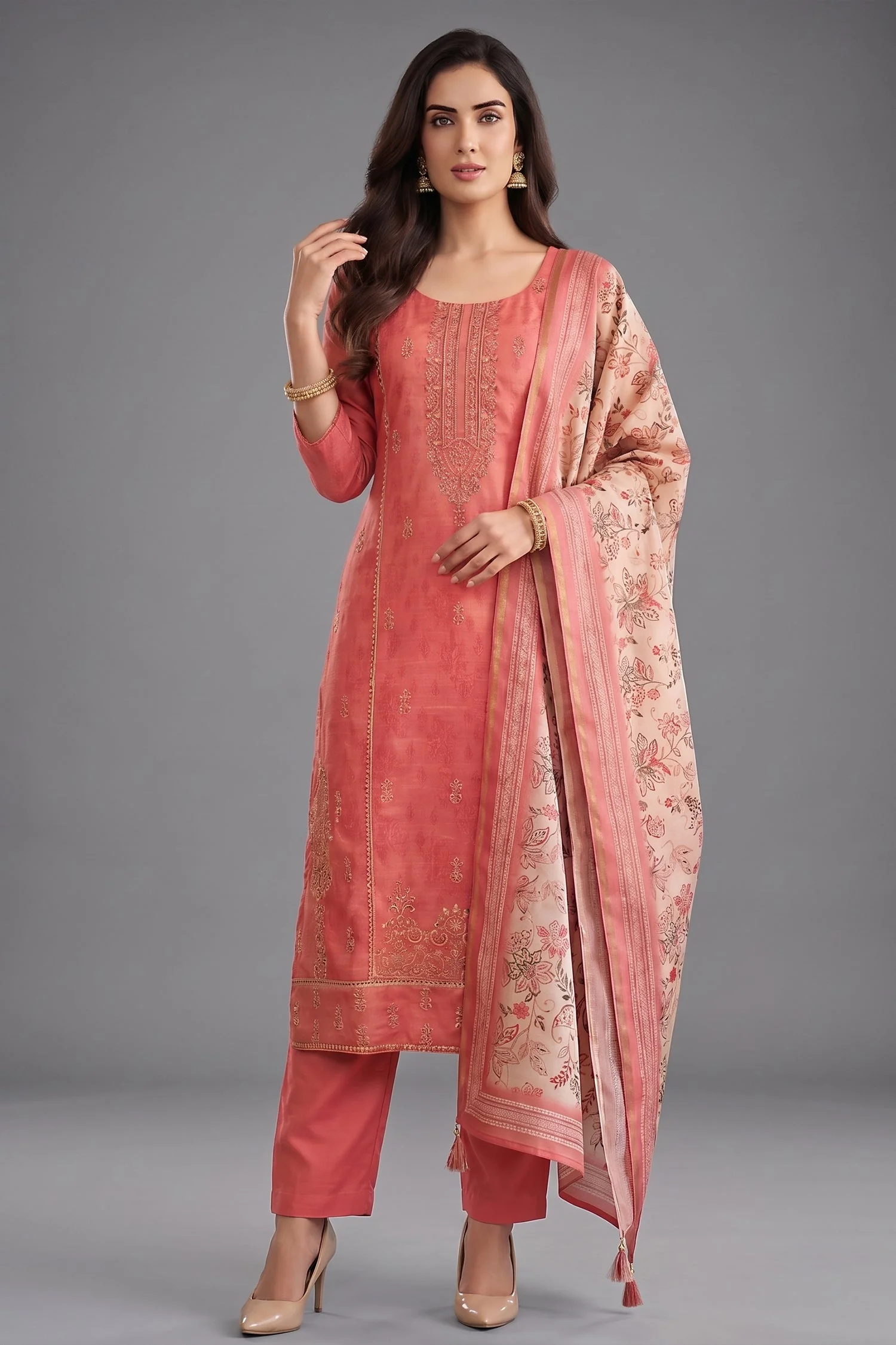 Coral Peach Art Silk Embroidered Straight Cut Suit