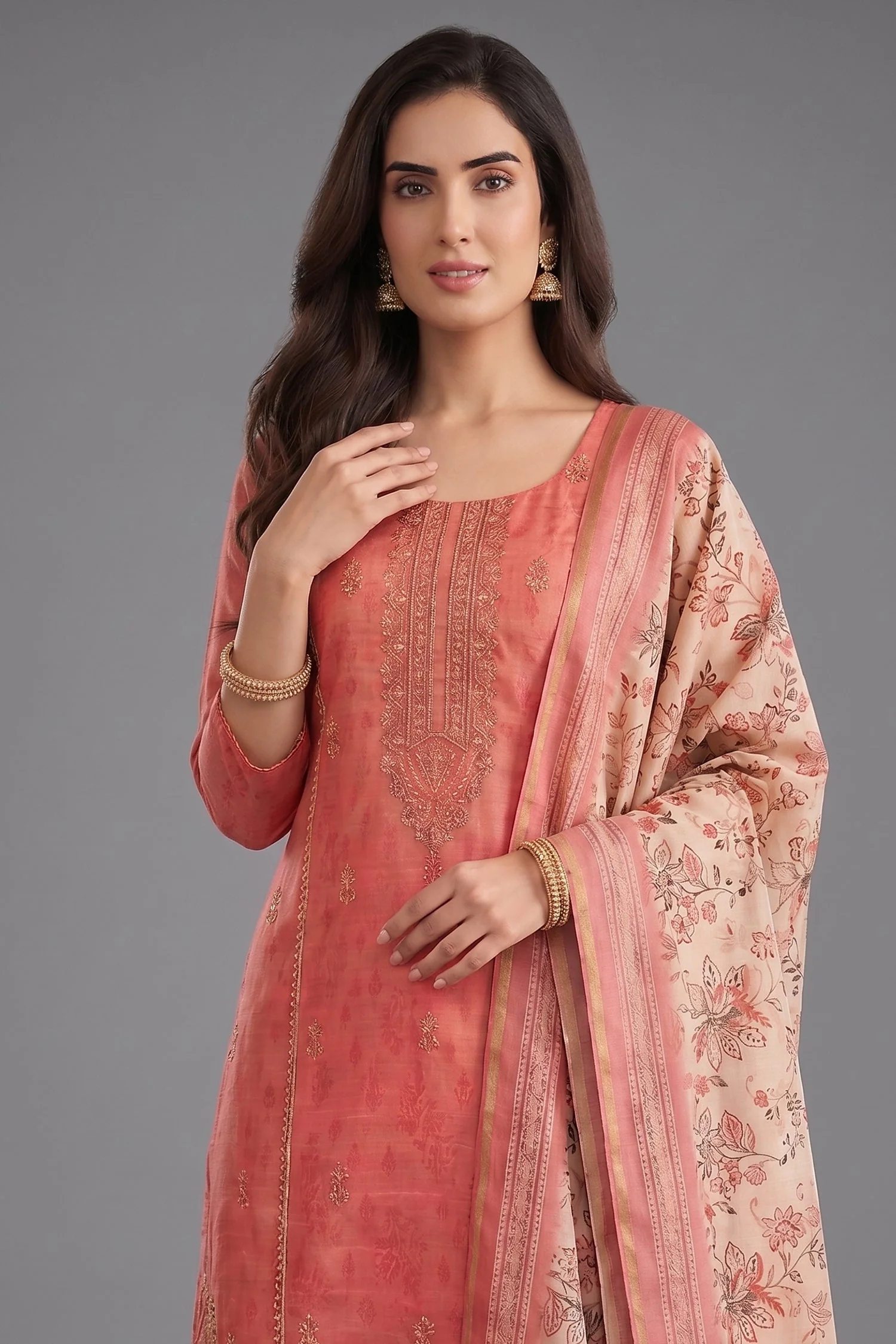 Coral Peach Art Silk Embroidered Straight Cut Suit - Image 2
