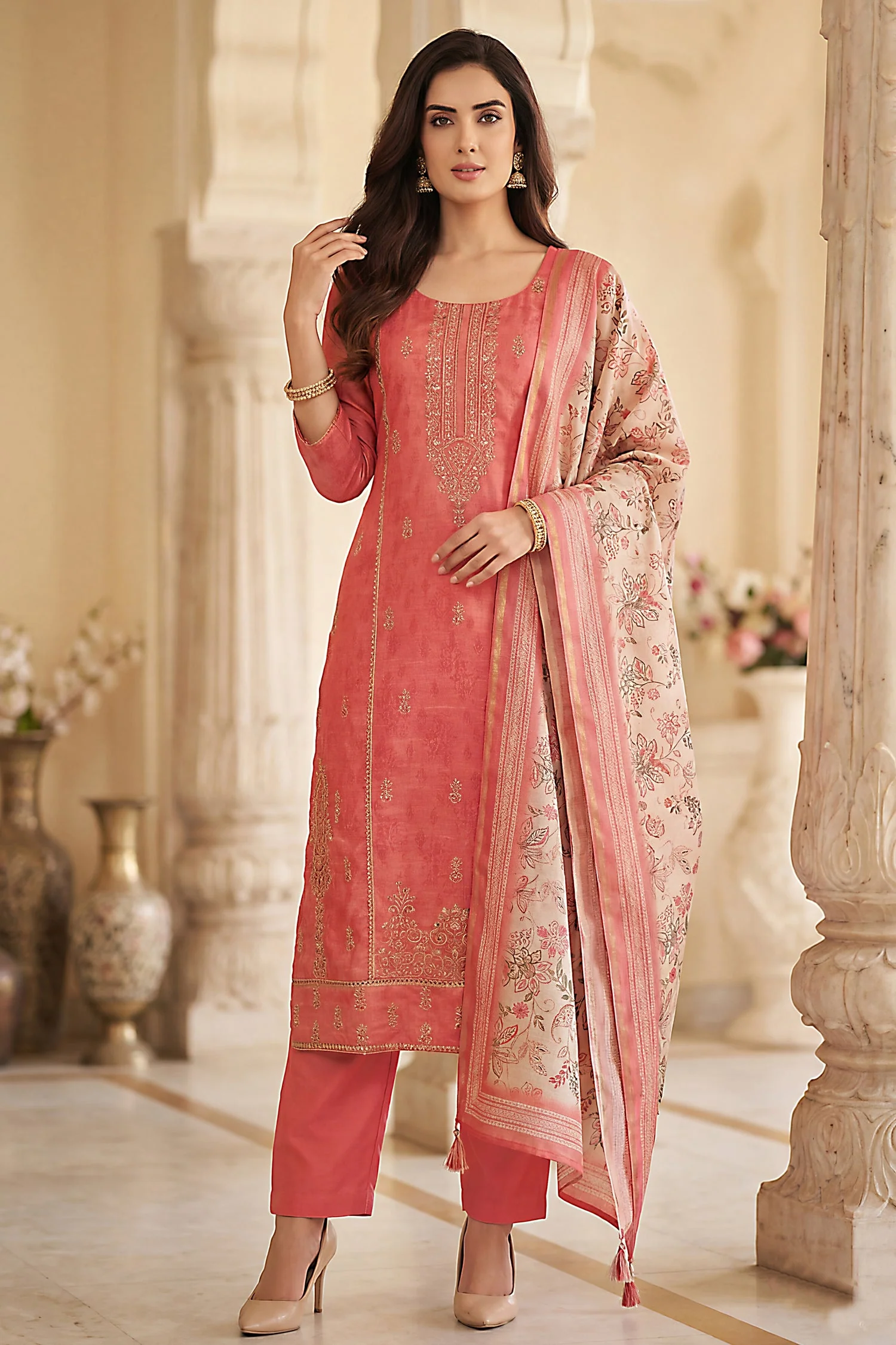 Coral Peach Art Silk Embroidered Straight Cut Suit - Image 3