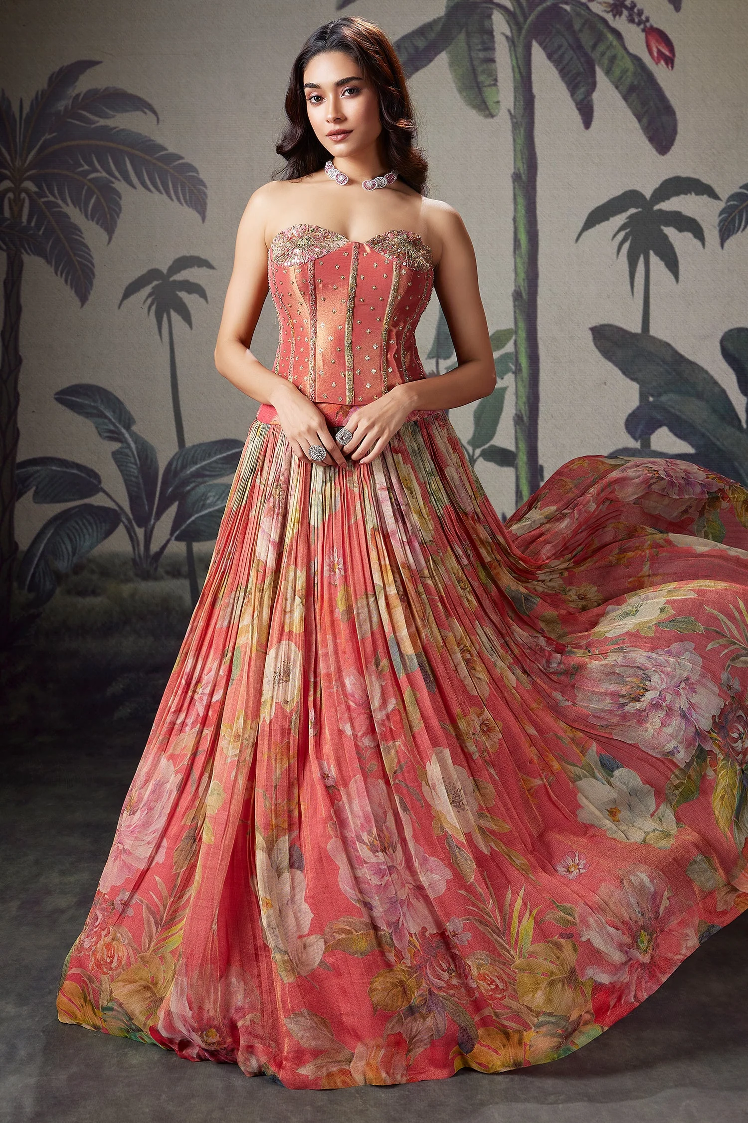 Coral Peach Georgette Floral Printed Flared Lehenga with Handworked Off Shoulder Corset Blouse - Image 3