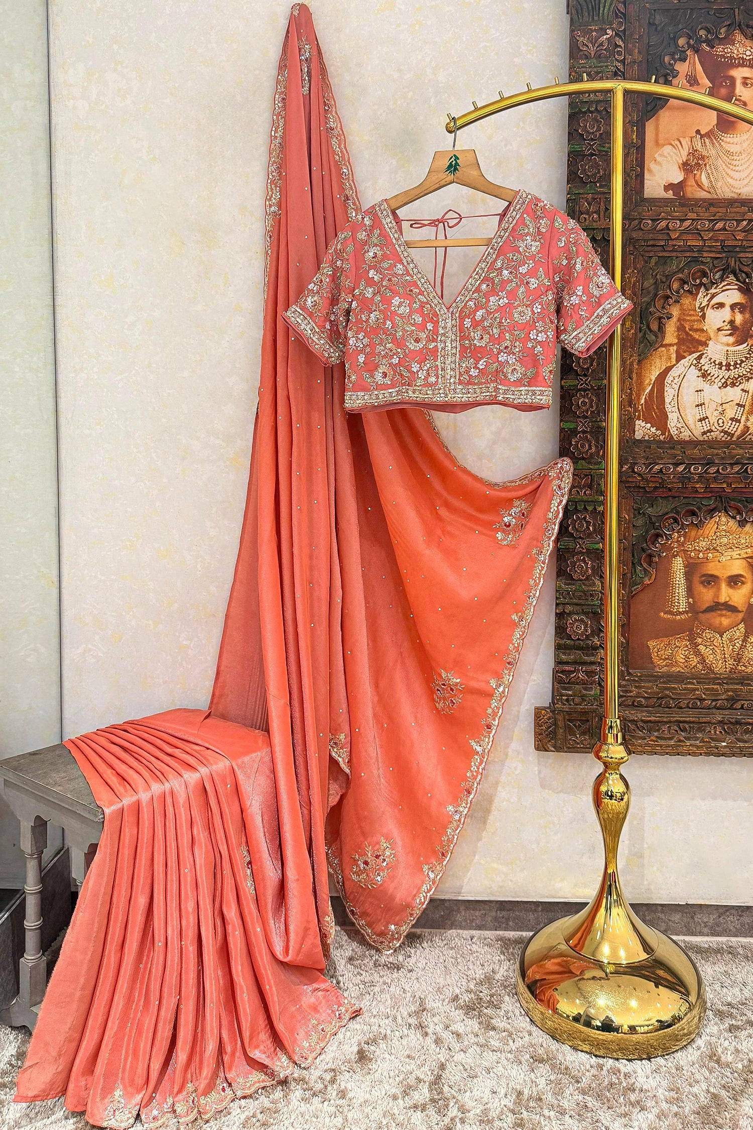 Coral Peach Soft Organza Silk Saree with Cutdana and Sequin Work - Image 2