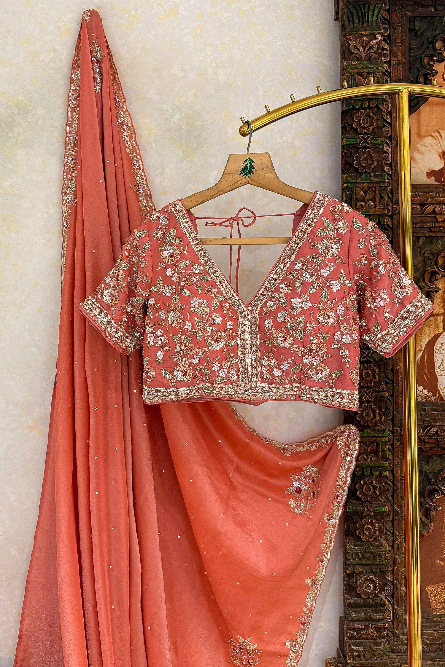 Coral Peach Soft Organza Silk Saree with Cutdana and Sequin Work - Image 3