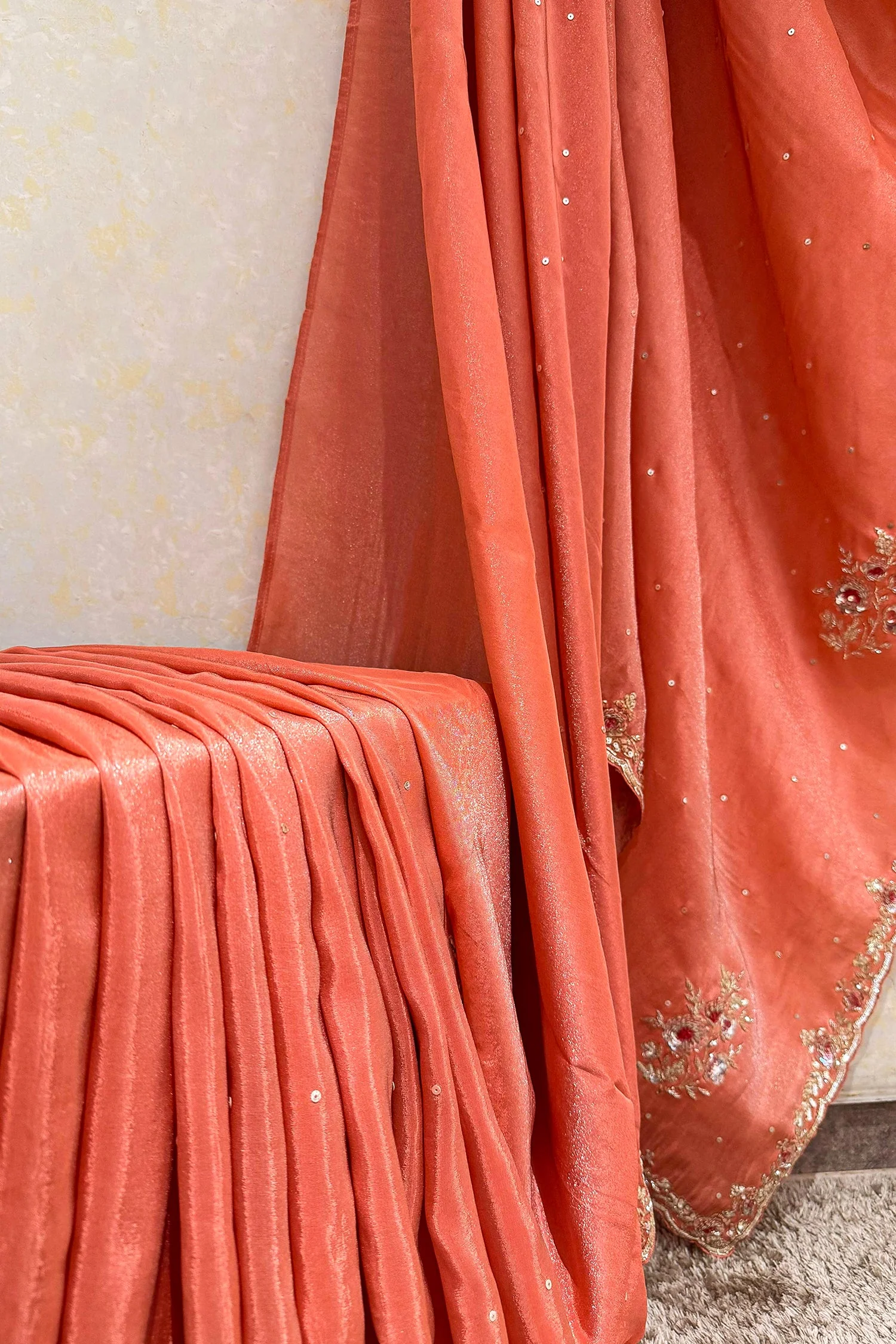 Coral Peach Soft Organza Silk Saree with Cutdana and Sequin Work - Image 4