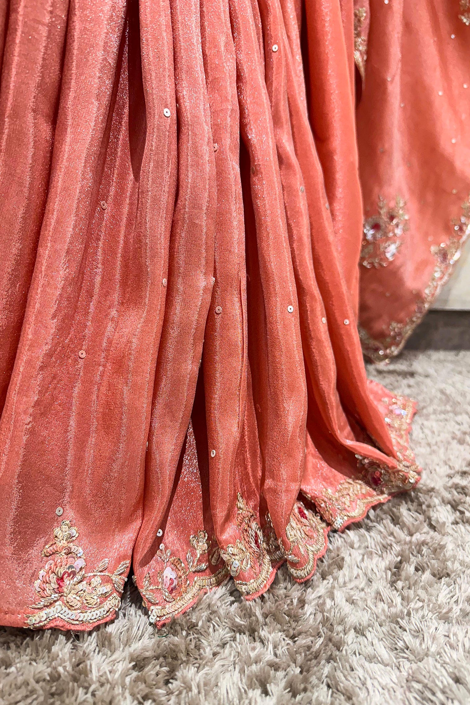 Coral Peach Soft Organza Silk Saree with Cutdana and Sequin Work - Image 5
