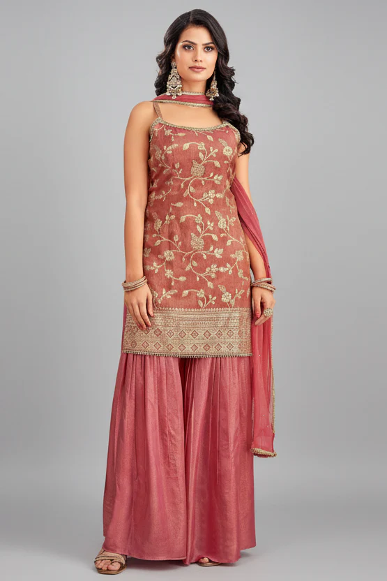Coral Peach Tissue Floral Woven Sharara Suit
