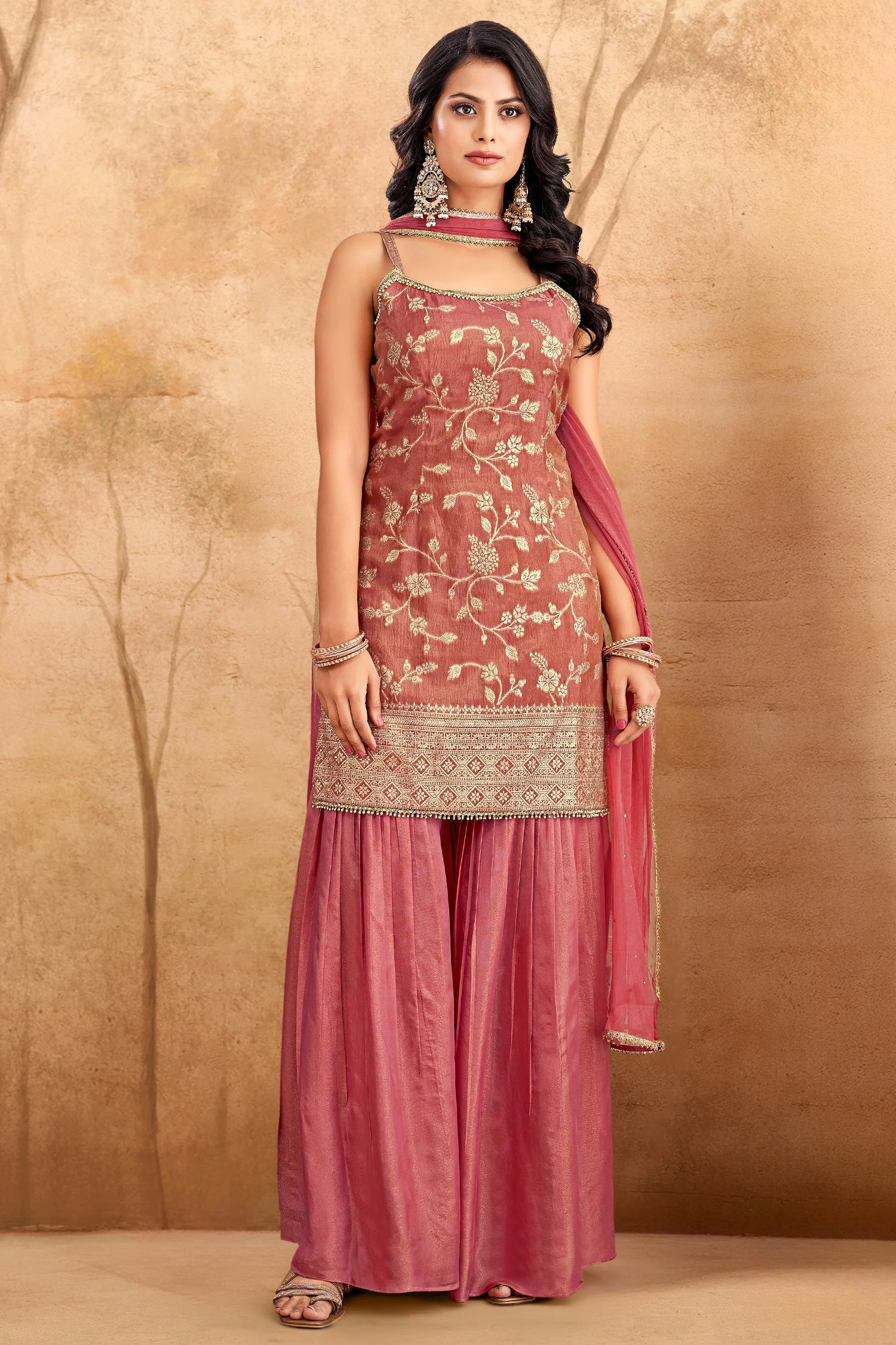 Coral Peach Tissue Floral Woven Sharara Suit - Image 2