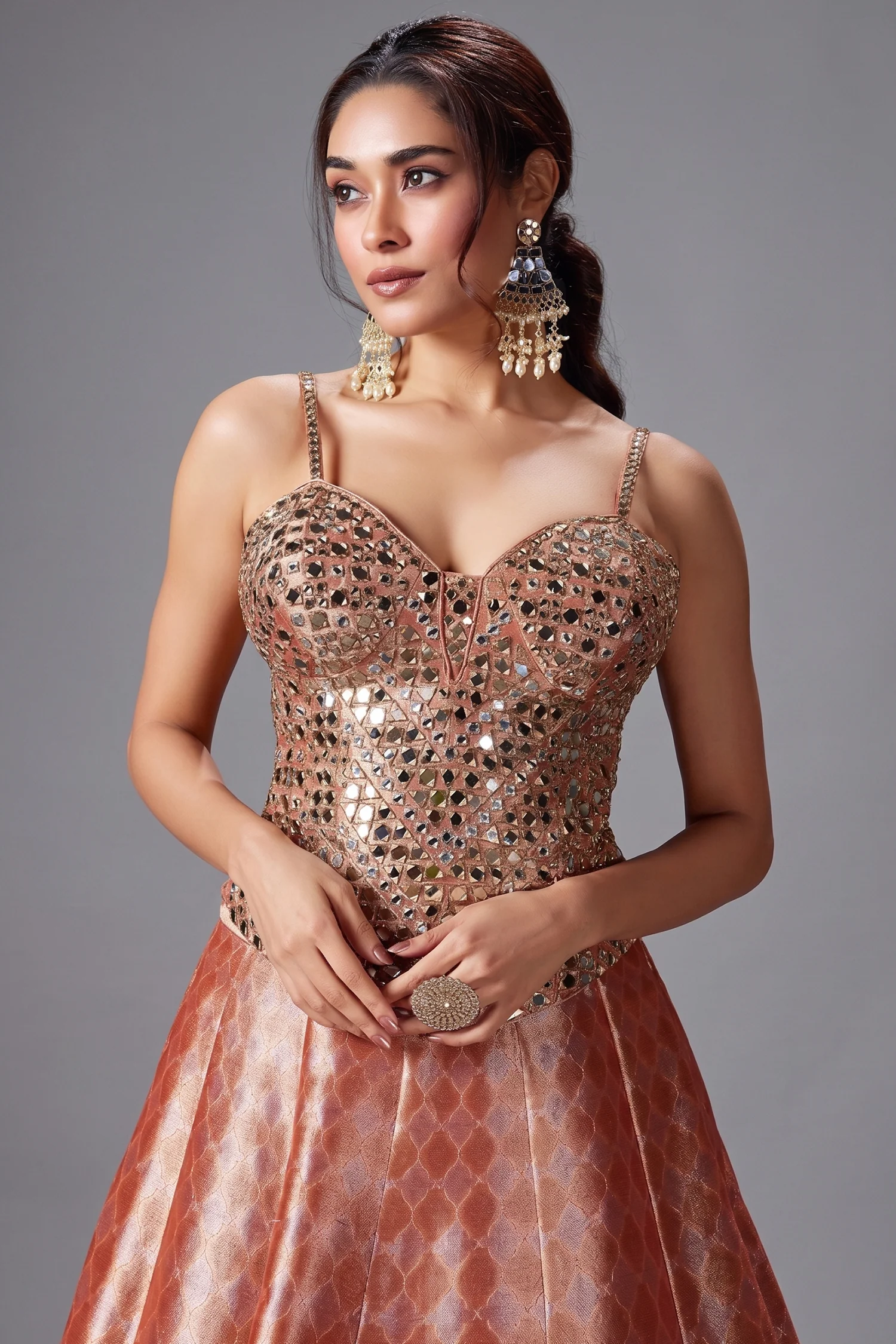 Coral Peach Tissue Silk Zari Woven Lehenga with Mirror Worked Corset Blouse - Image 2