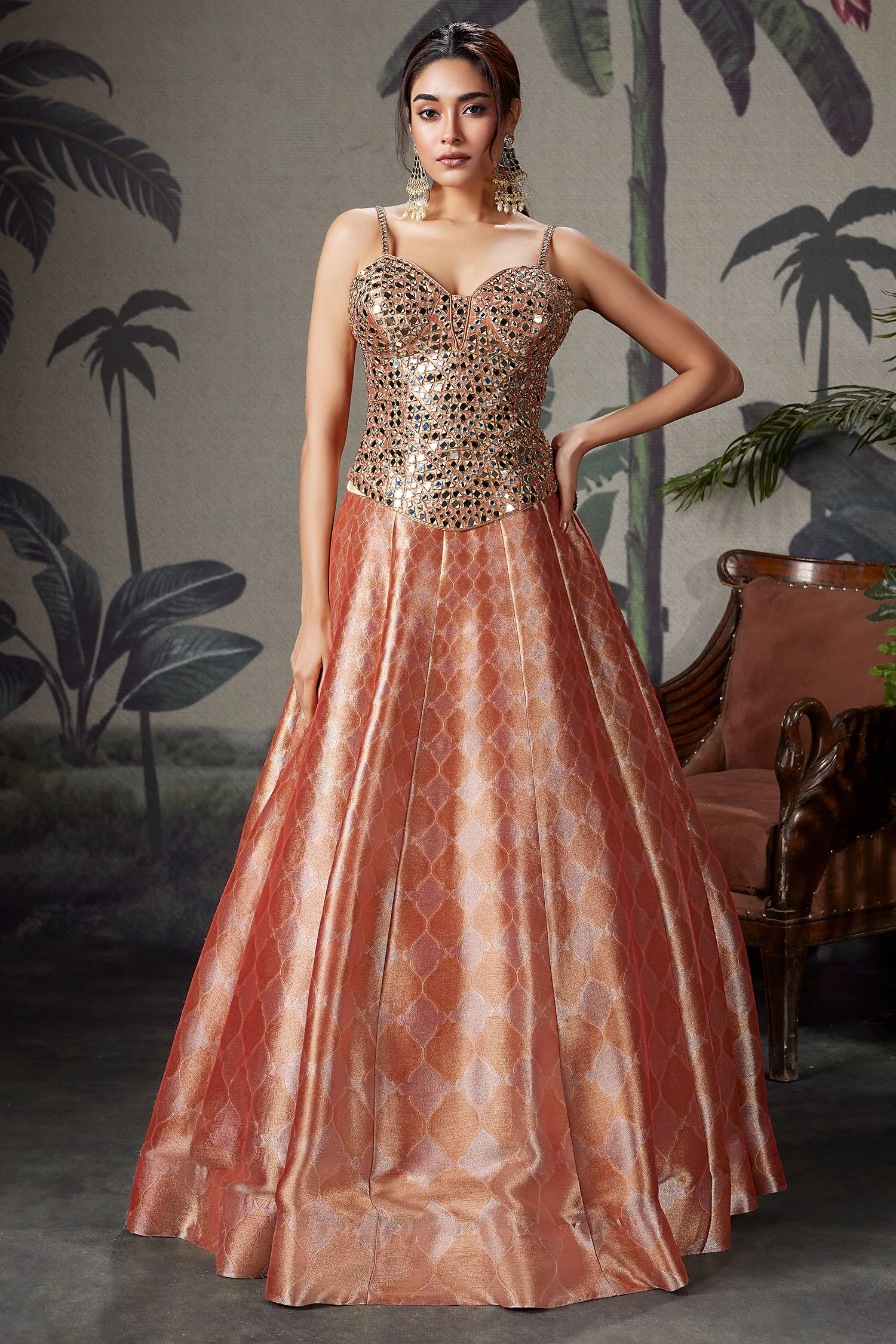 Coral Peach Tissue Silk Zari Woven Lehenga with Mirror Worked Corset Blouse - Image 3