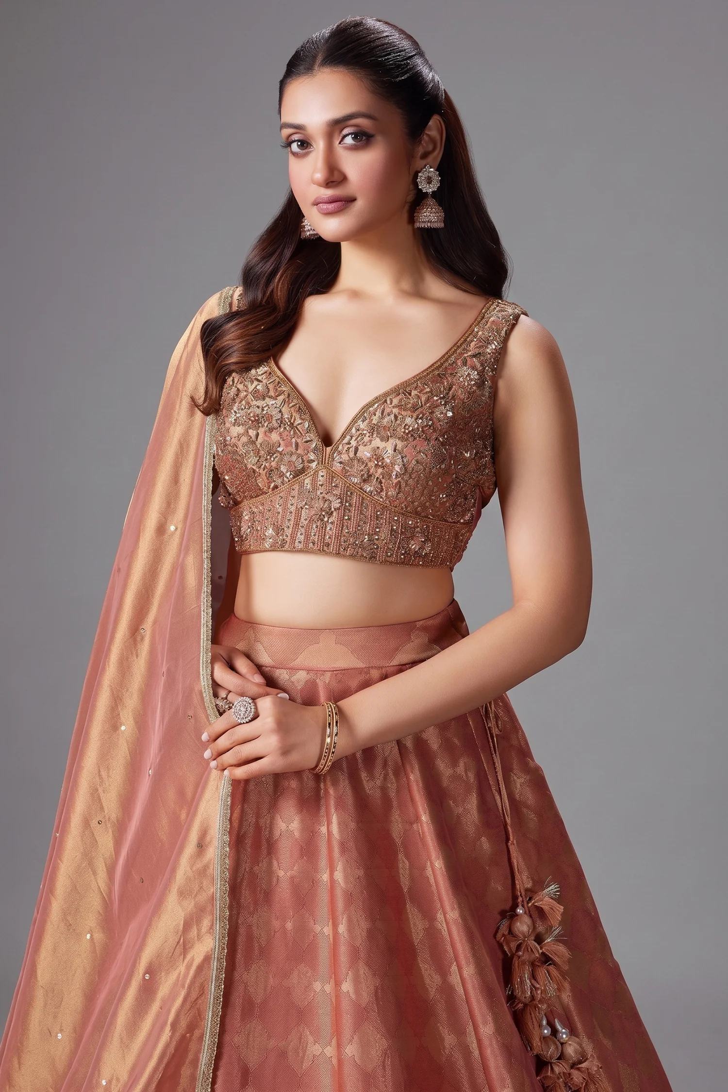 Coral Peach Tissue Zari Woven Lehenga with Handworked Blouse - Image 2