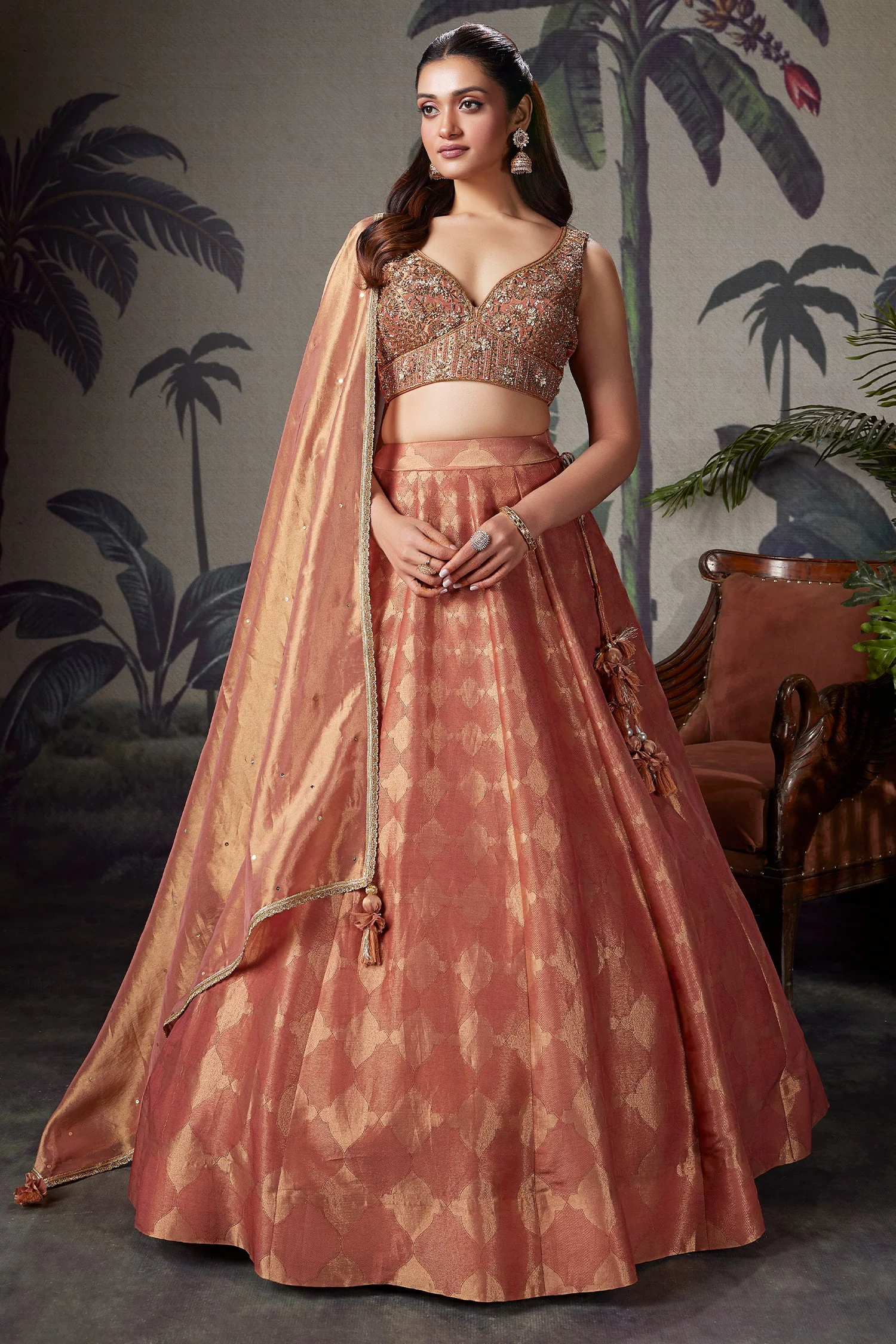 Coral Peach Tissue Zari Woven Lehenga with Handworked Blouse - Image 3