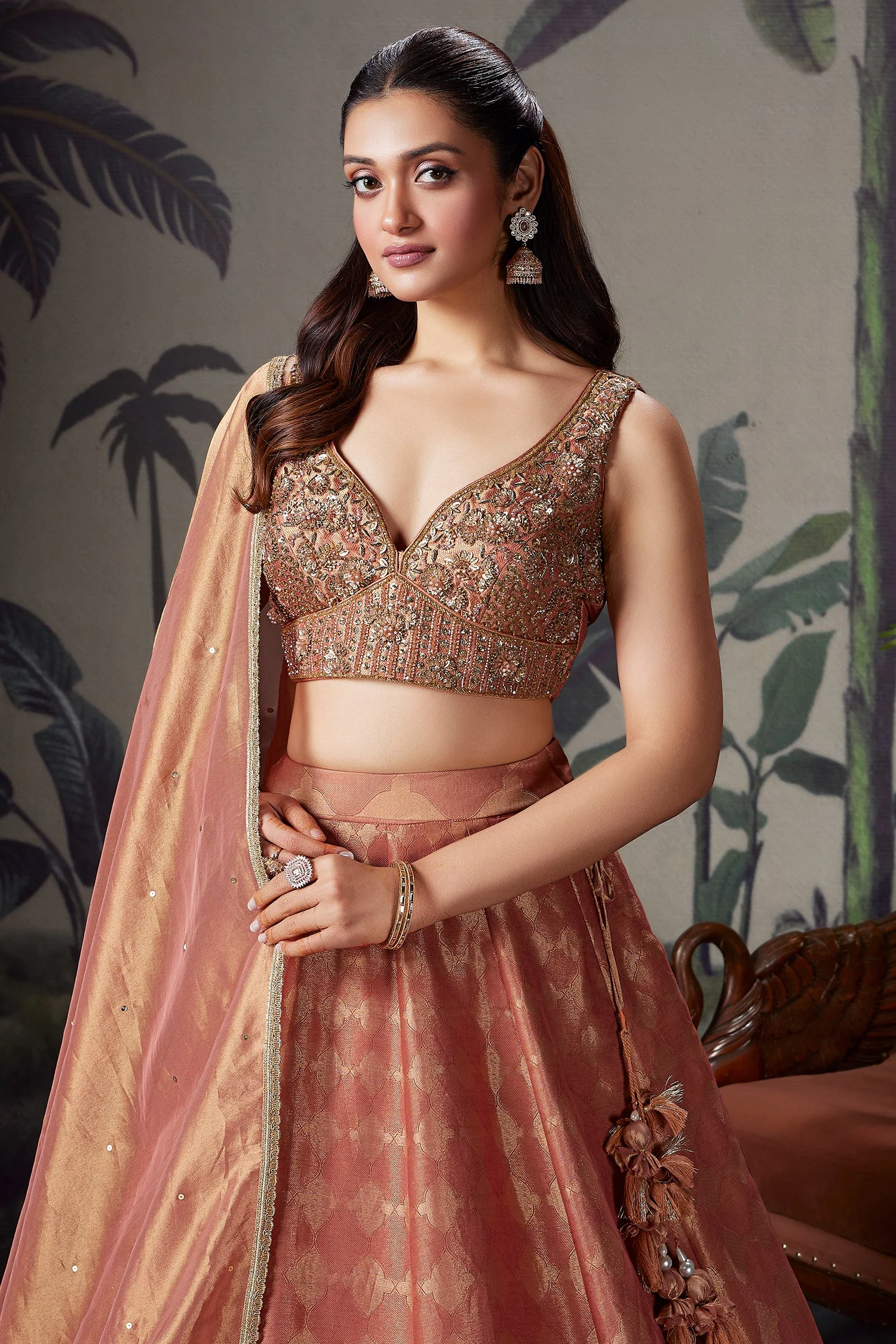 Coral Peach Tissue Zari Woven Lehenga with Handworked Blouse - Image 4