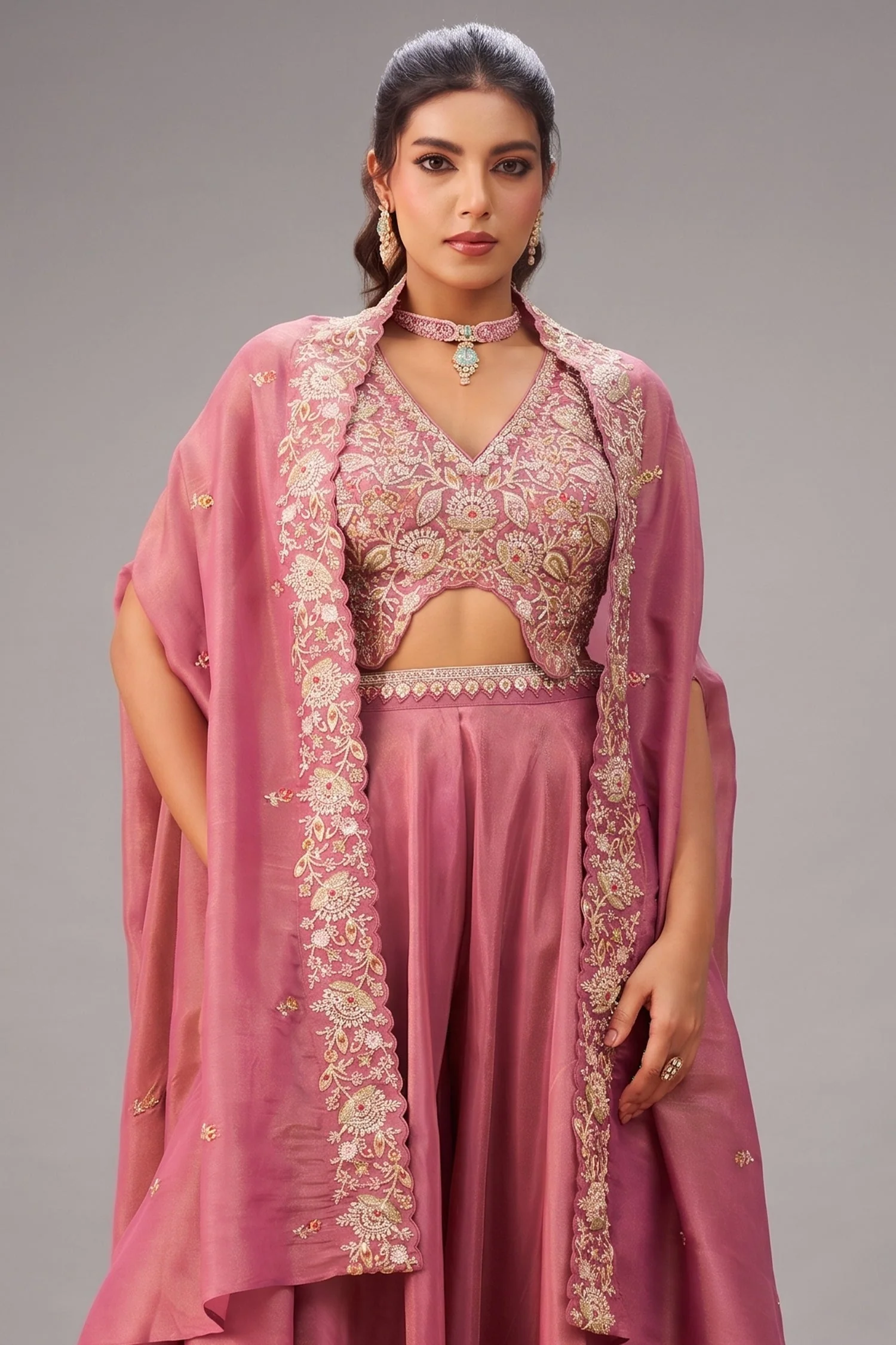 Coral Pink Crepe Beads Embroidered Crop Top with Cape and Flared Palazzo Set - Image 2
