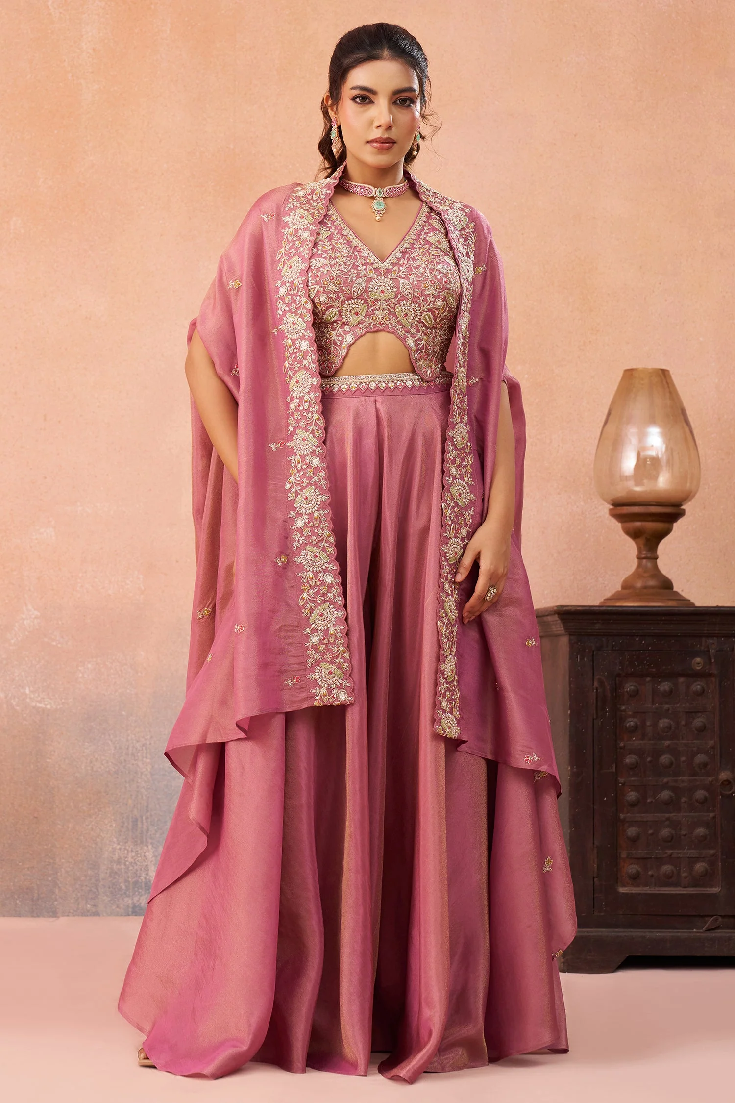 Coral Pink Crepe Beads Embroidered Crop Top with Cape and Flared Palazzo Set - Image 3