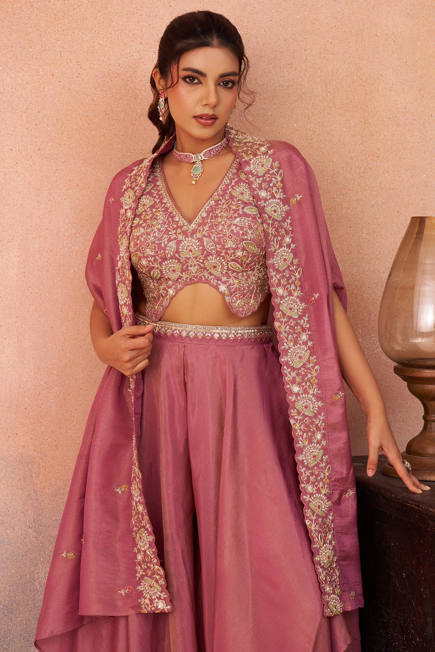 Coral Pink Crepe Beads Embroidered Crop Top with Cape and Flared Palazzo Set - Image 5