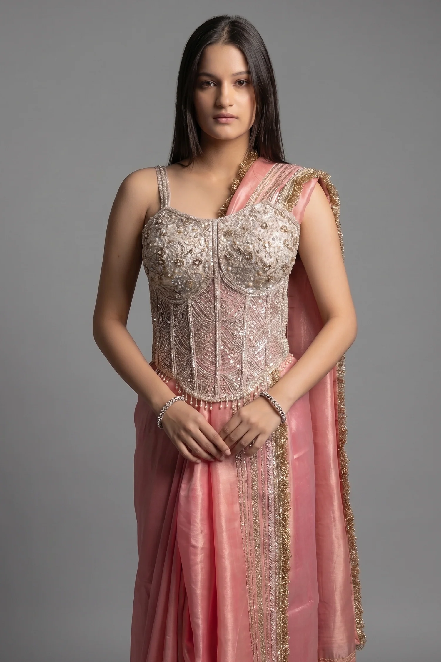 Coral Pink Organza Saree with Kiran Lace Border - Image 2