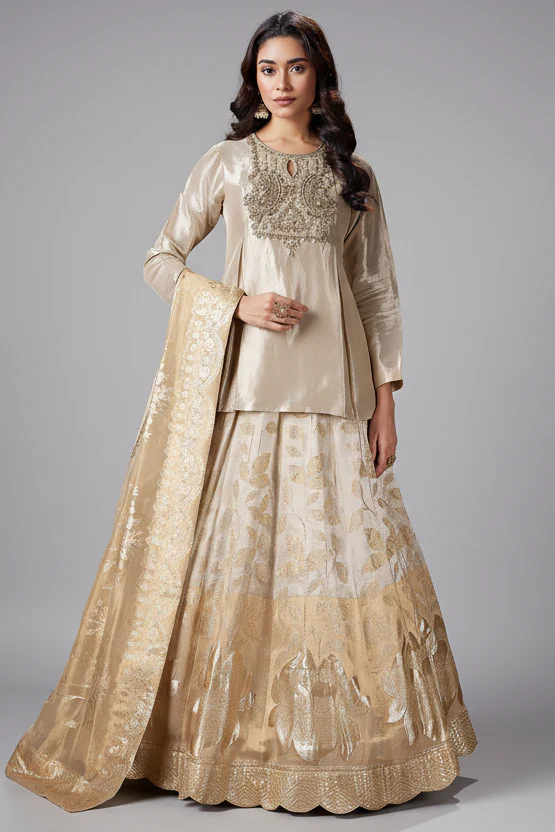 Cream and Golden Ombre Organza Floral Zari Woven Lehenga with Long Zardosi Worked Top