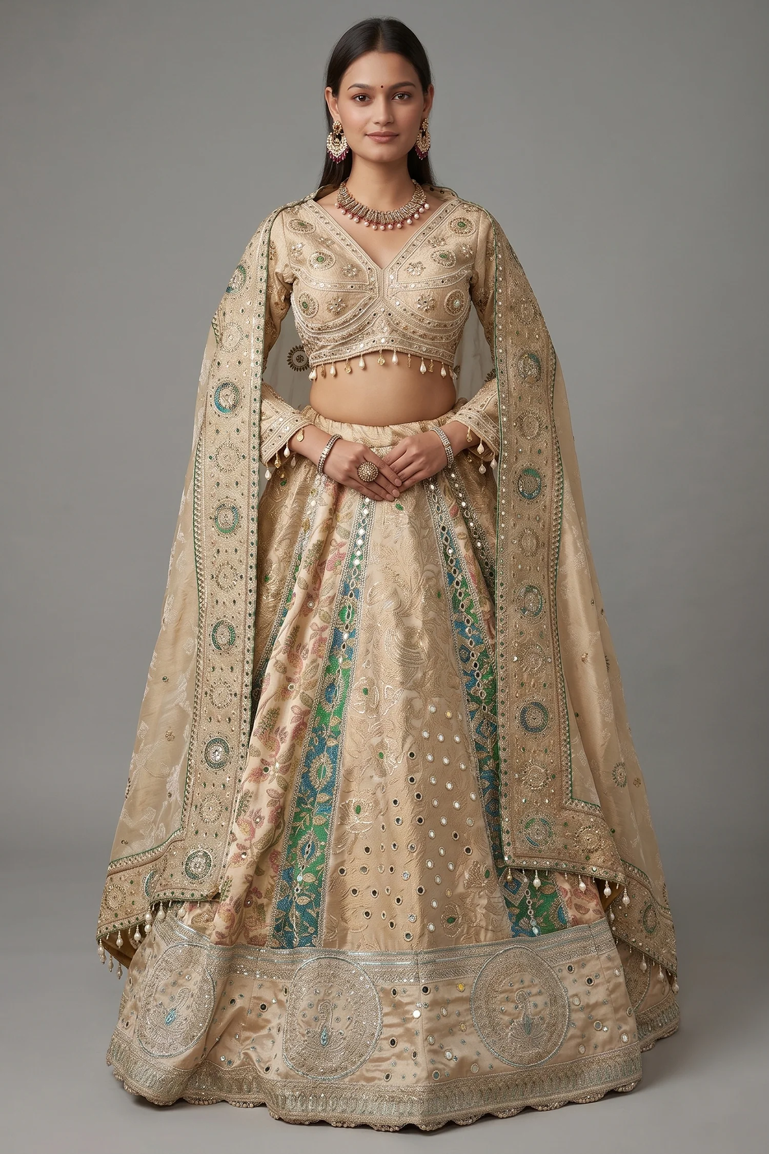 Cream and Green Tissue Mirror and Bead Work Lehenga