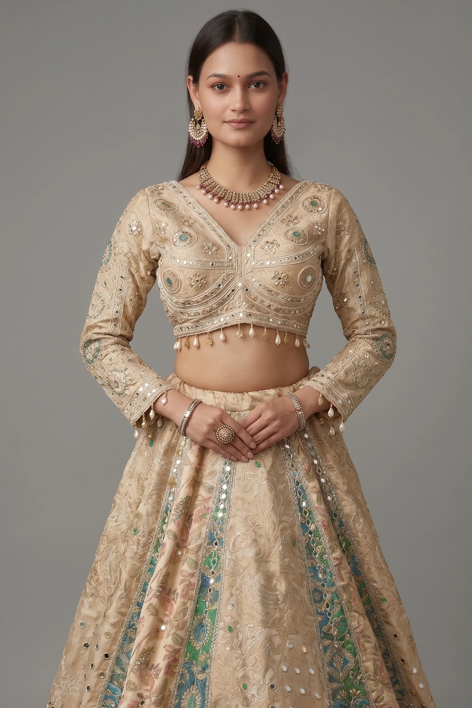 Cream and Green Tissue Mirror and Bead Work Lehenga - Image 2