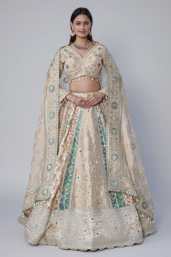 Cream and Green Tissue Mirror and Bead Work Lehenga - Image 3